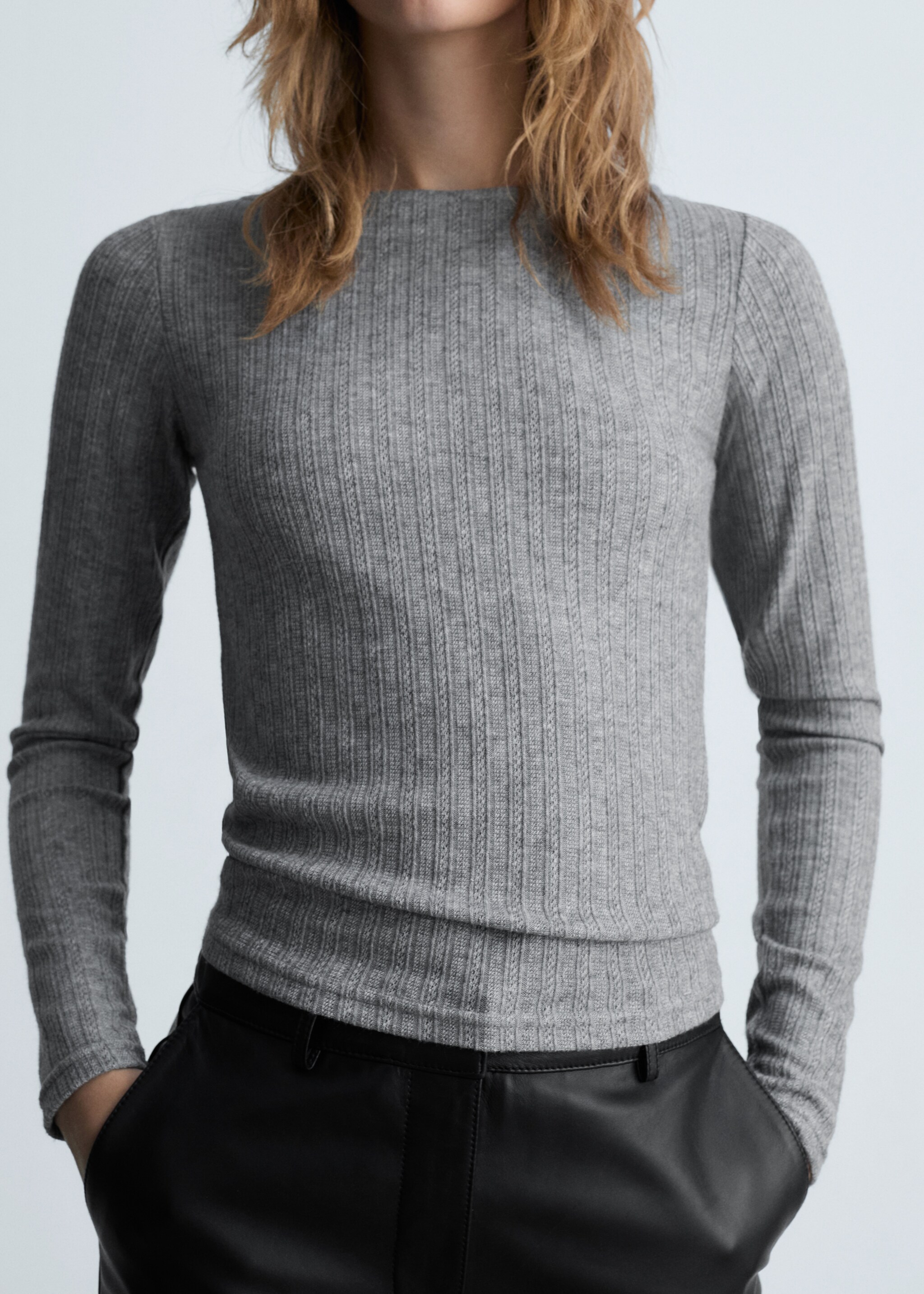 Long-sleeved pointelle t-shirt - Details of the article 6, Medium Heather Grey. Ref: 87010433-00.