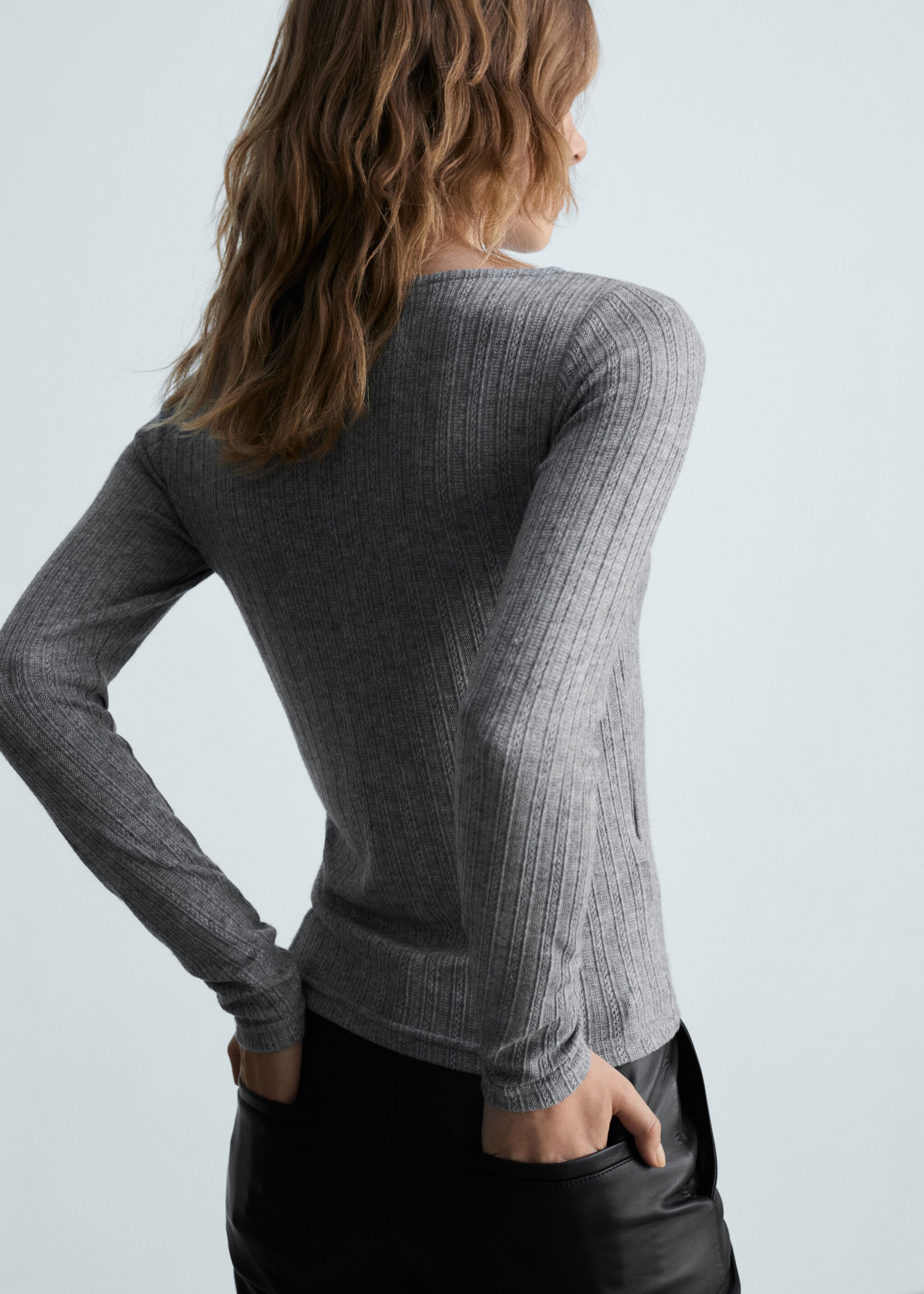 Long-sleeved pointelle t-shirt - Reverse of the article, Medium Heather Grey. Ref: 87010433-00.