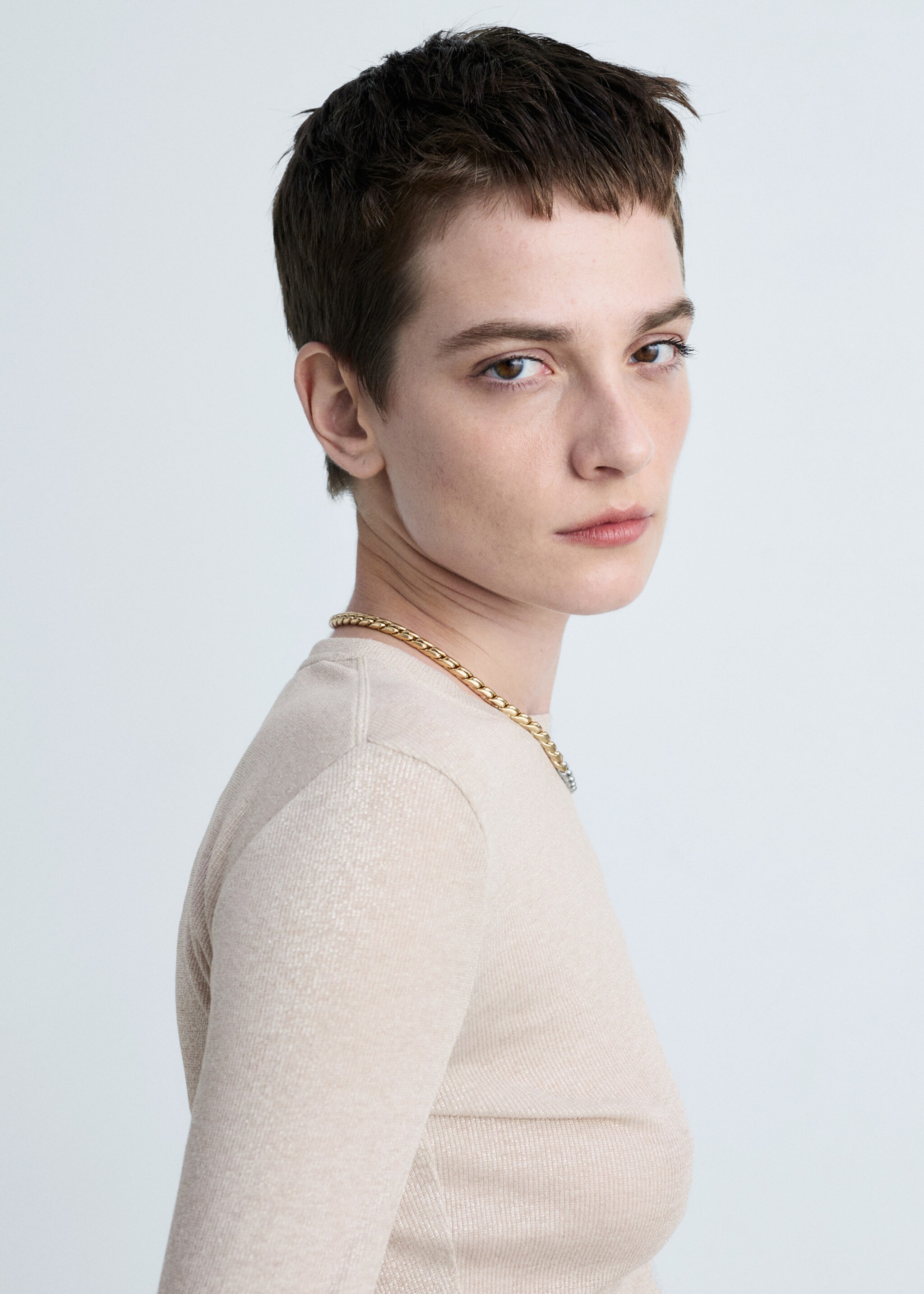 Lurex knitted t-shirt - Details of the article 1, Beige. Ref: 87010439-00.