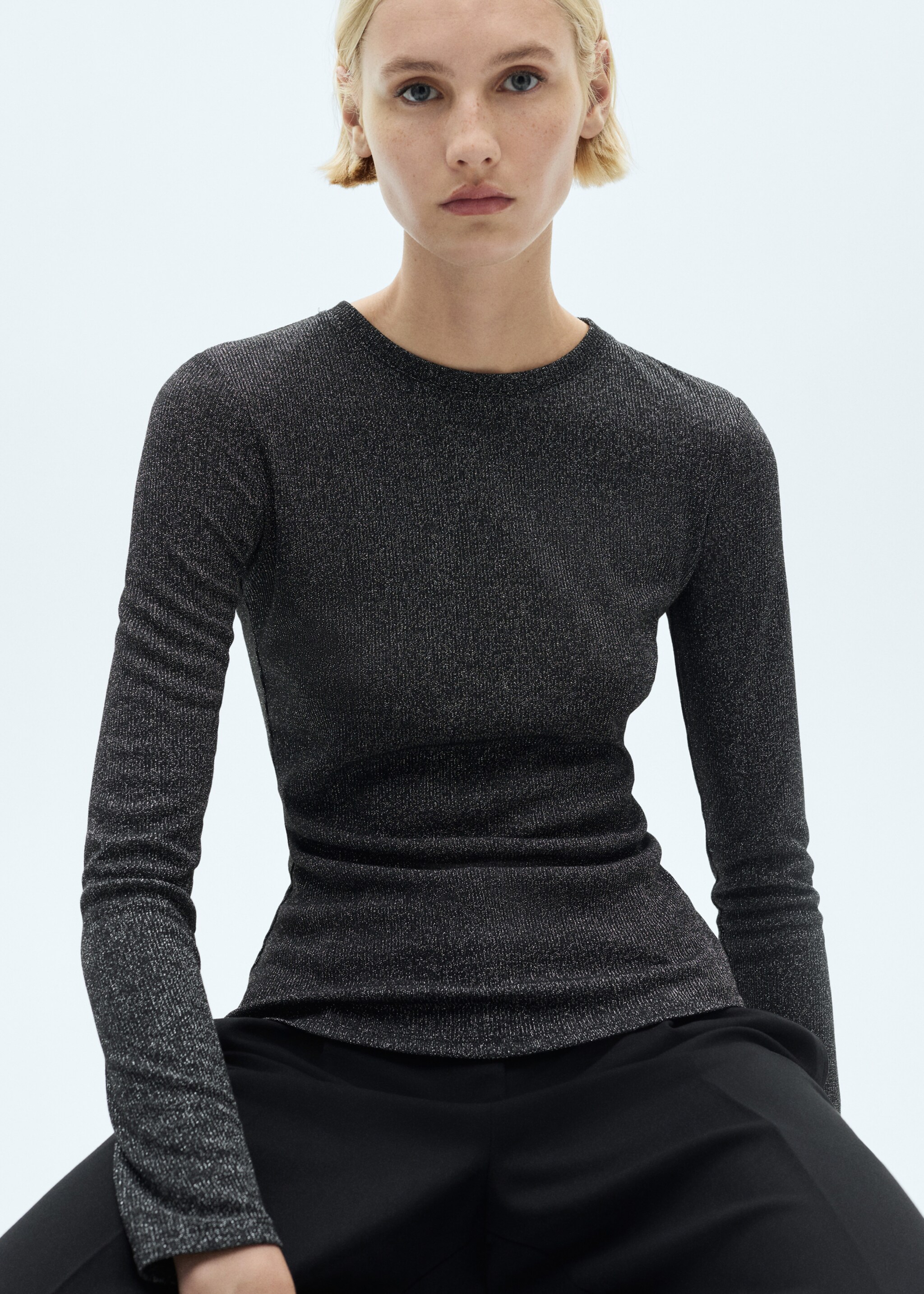 Lurex knitted t-shirt - Medium plane, Black. Ref: 87010439-00.