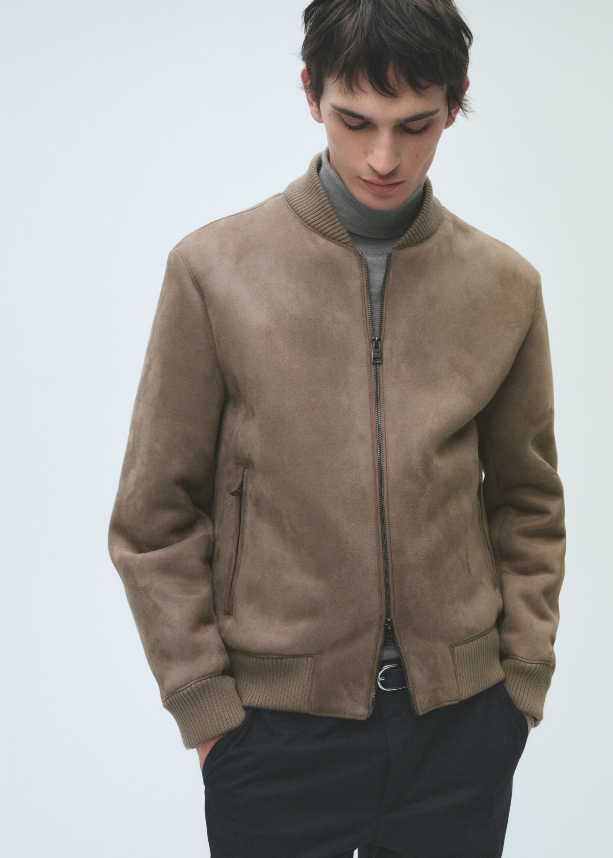 Suede-effect bomber jacket - Details of the article 5, Medium Brown. Ref: 87010584-00.