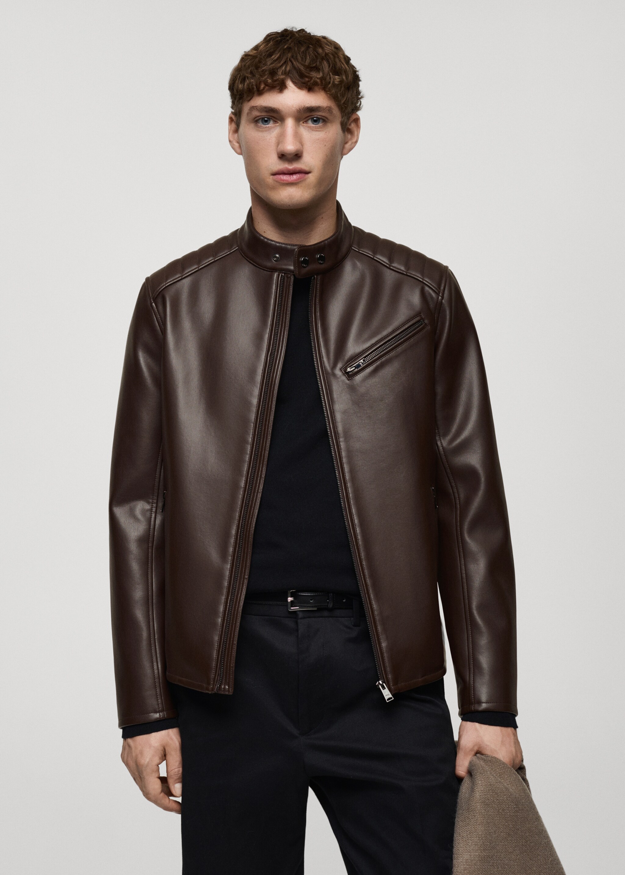 Faux-leather jacket with stitching detail - Medium plane, Brown. Ref: 87010586-00.