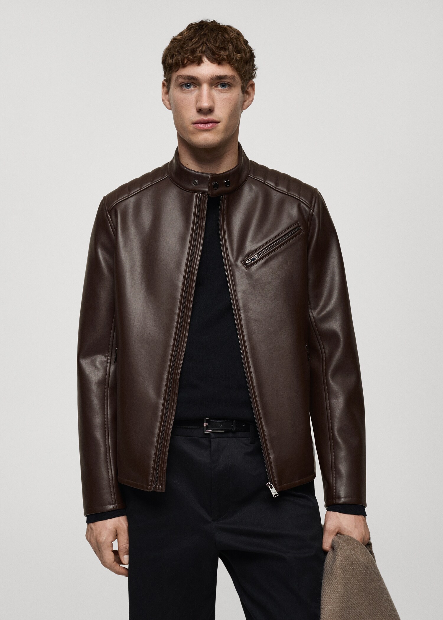 Faux-leather jacket with stitching detail - Medium plane