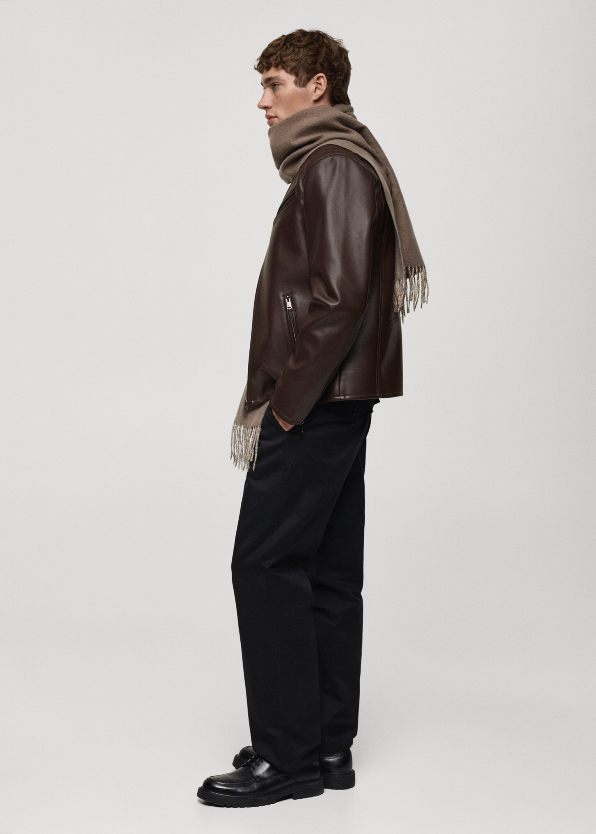 Faux-leather jacket with stitching detail - Details of the article 2, Brown. Ref: 87010586-00.