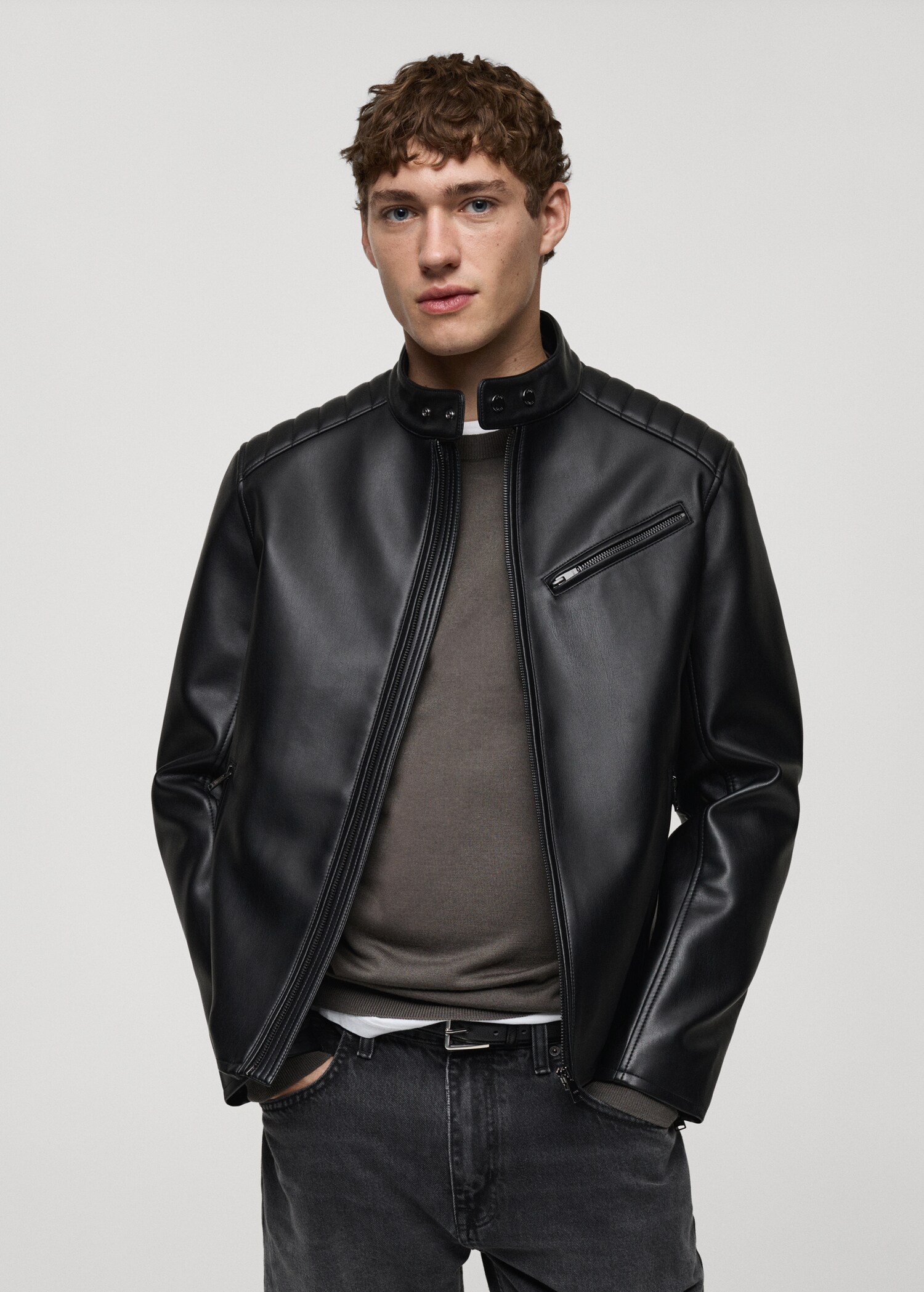 Faux-leather jacket with stitching detail - Medium plane