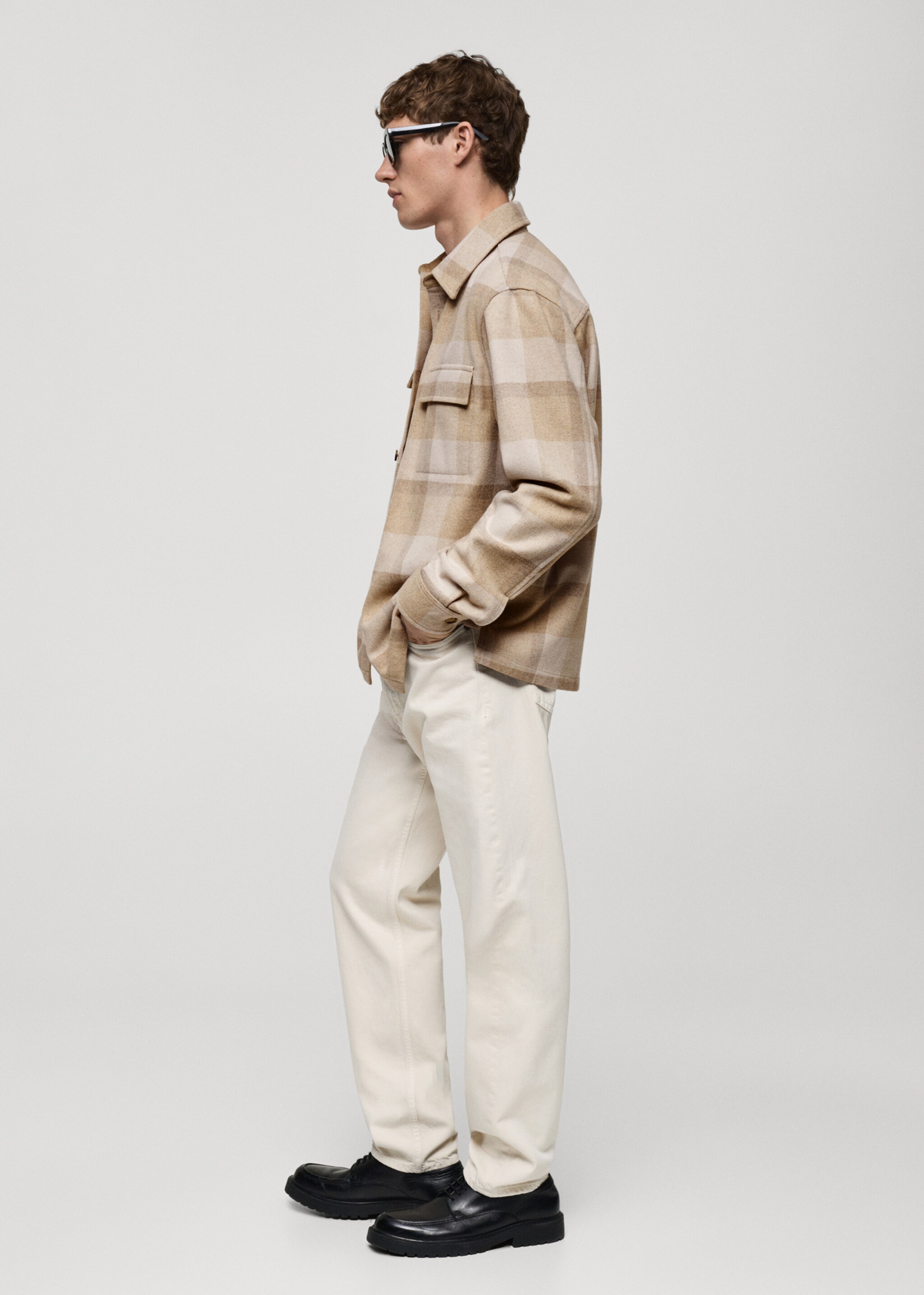 Check flannel wool overshirt - Details of the article 2, Beige. Ref: 87010599-00.