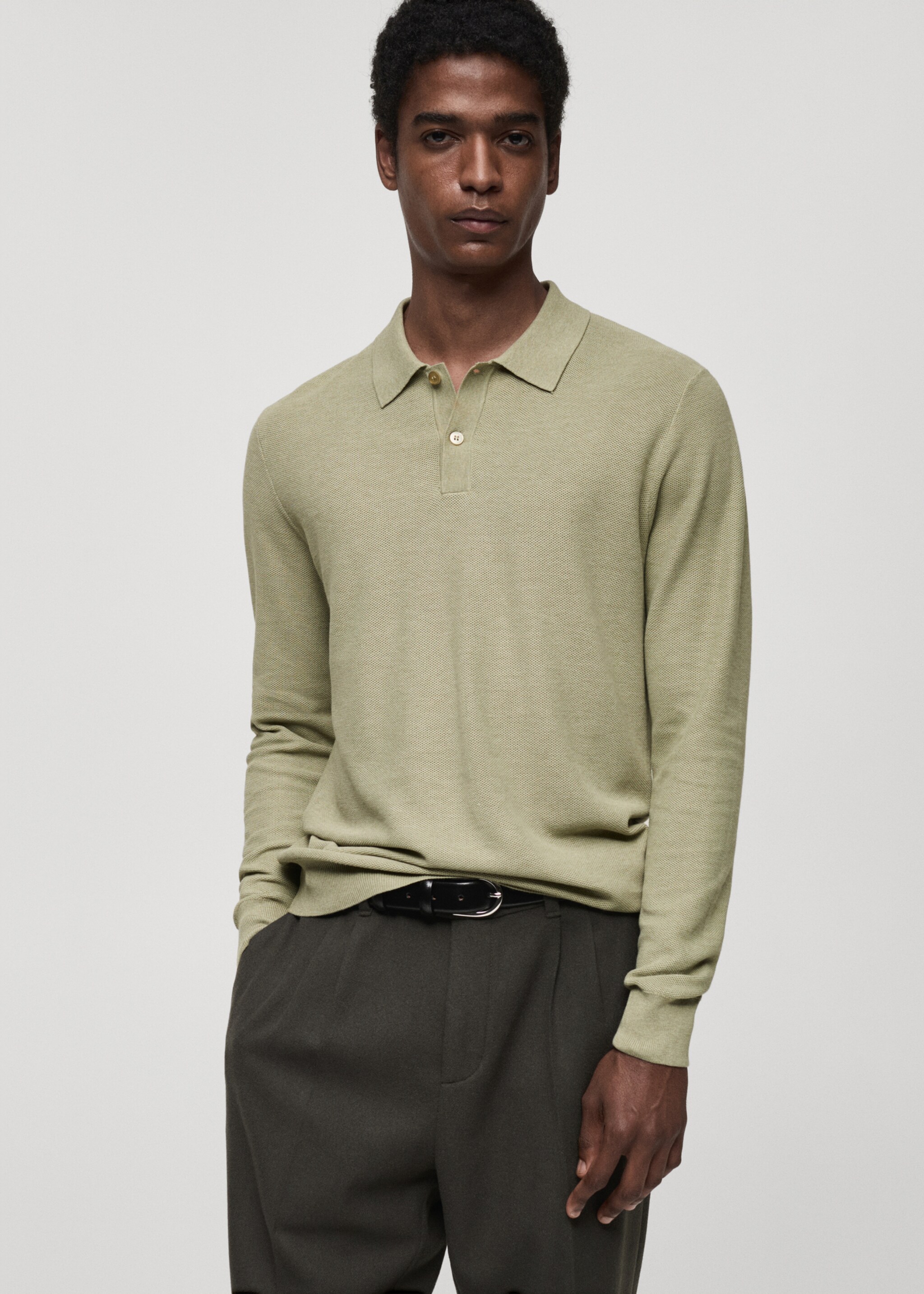 Micro-structured cotton knitted polo shirt - Medium plane, Green Apple. Ref: 87010601-00.