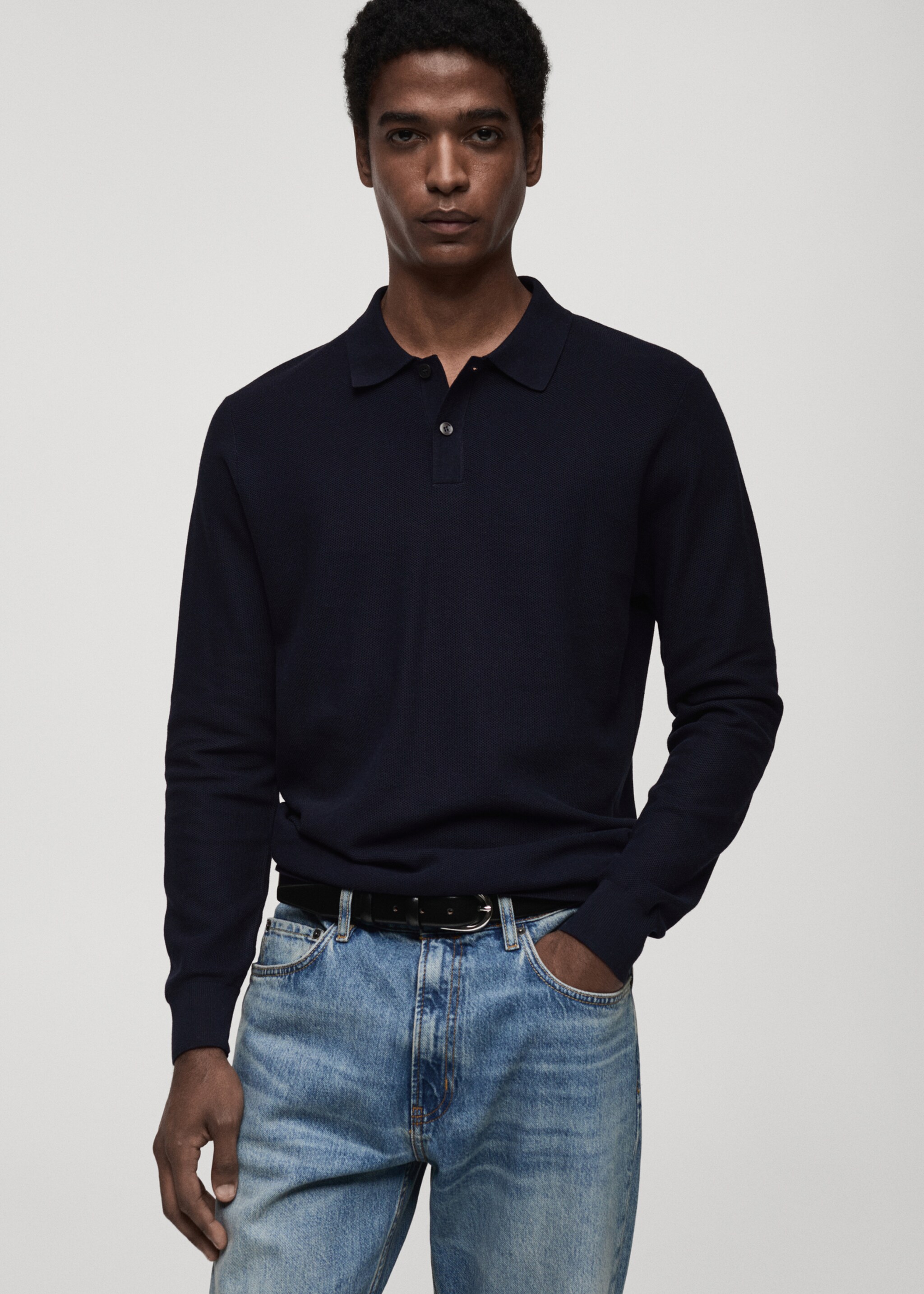 Micro-structured cotton knitted polo shirt - Medium plane, Dark Navy. Ref: 87010601-00.