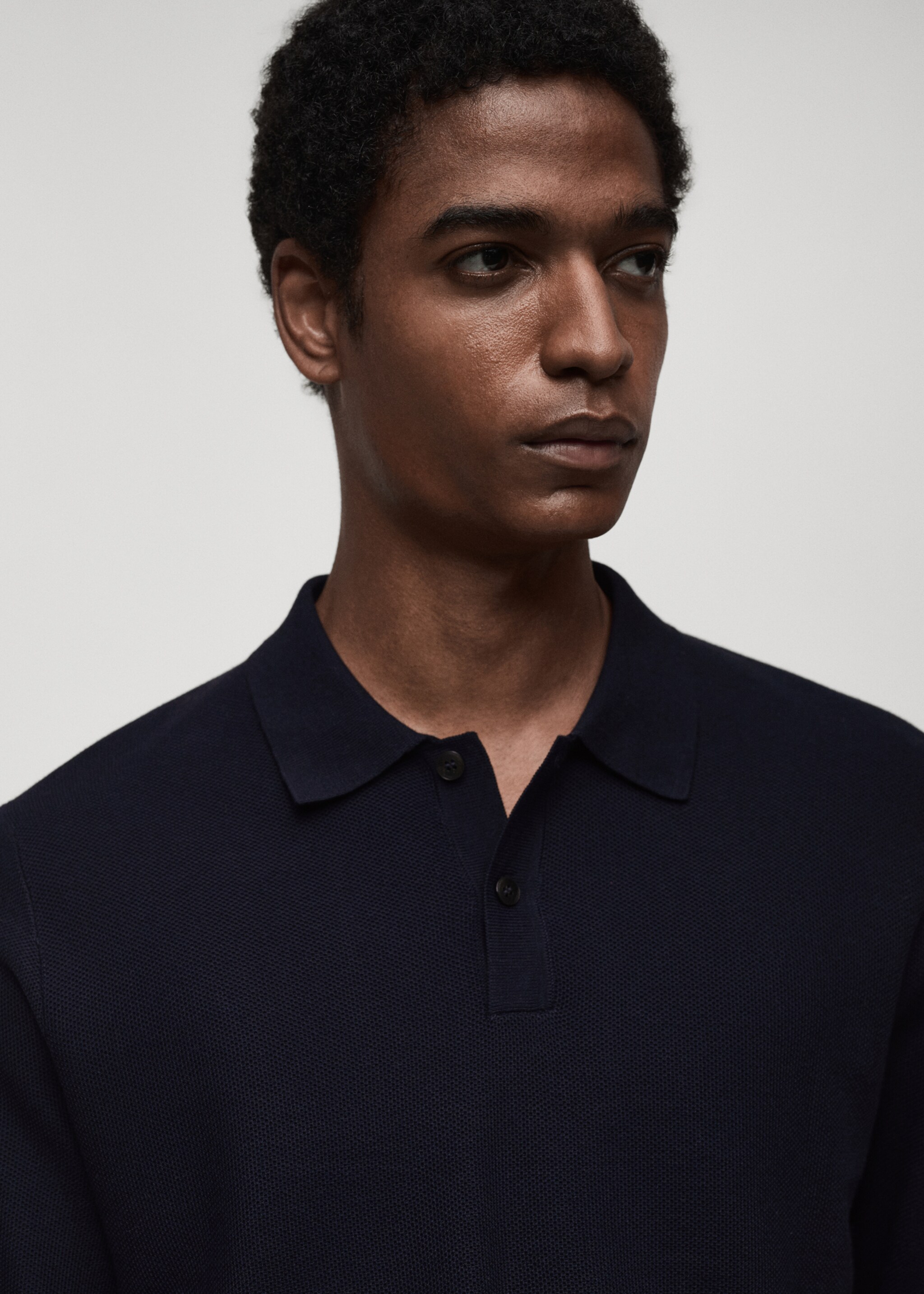 Micro-structured cotton knitted polo shirt - Details of the article 1, Dark Navy. Ref: 87010601-00.