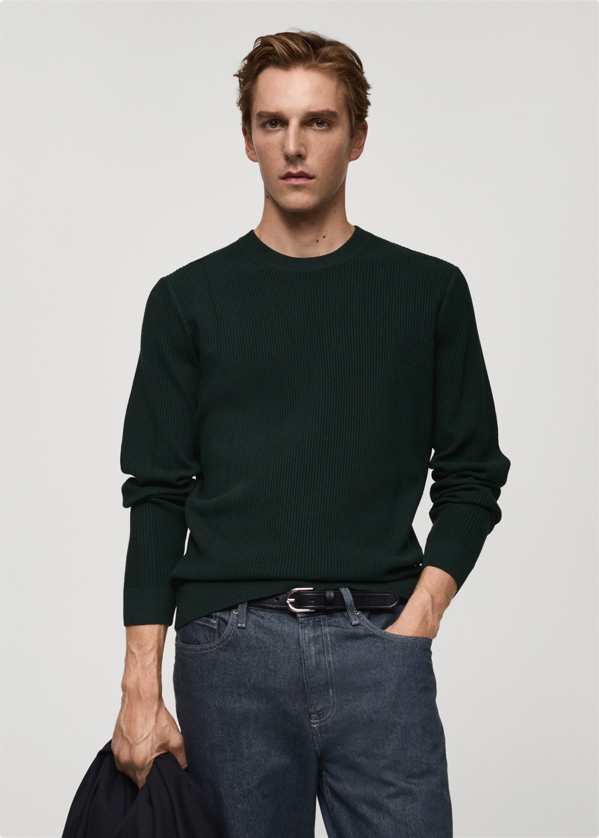 Fine rib-knit cotton sweater - Medium plane, Dark Green. Ref: 87010610-00.