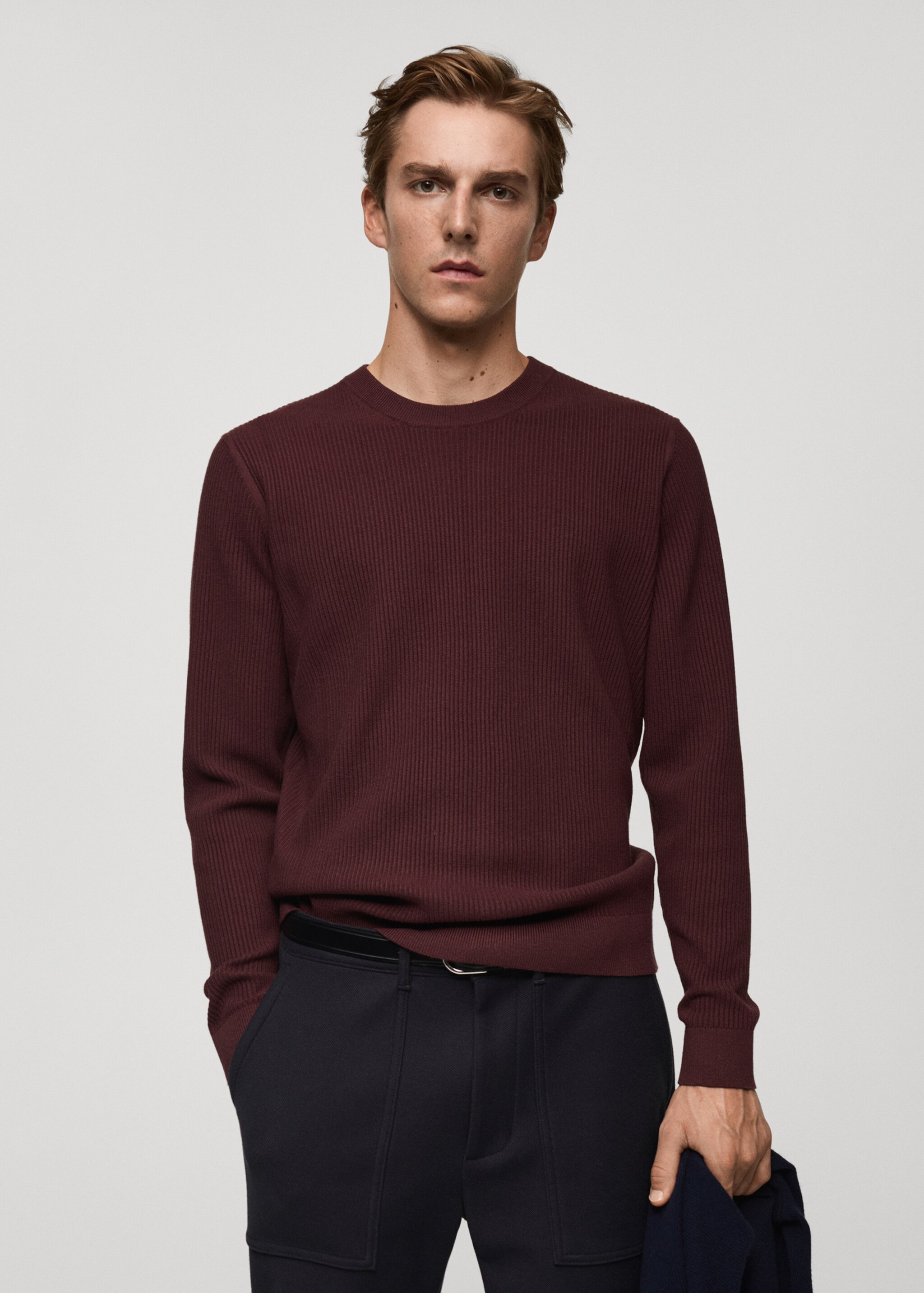 Fine rib-knit cotton sweater - Medium plane, Burgundy. Ref: 87010610-00.