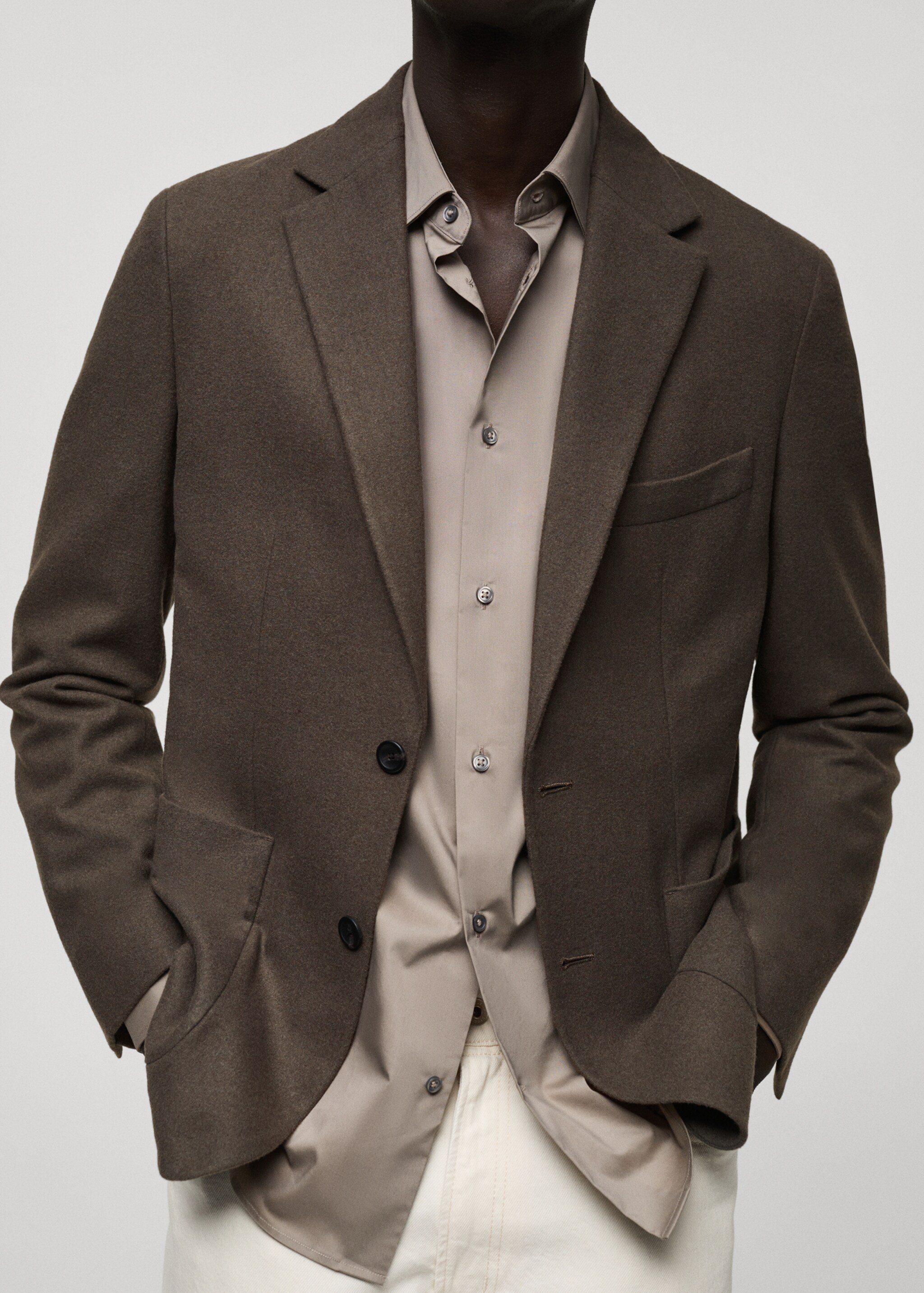 Slim-Fit-Blazer aus Wollgemisch - Detail des Artikels 6, Khaki. Ref: 87010633-00.