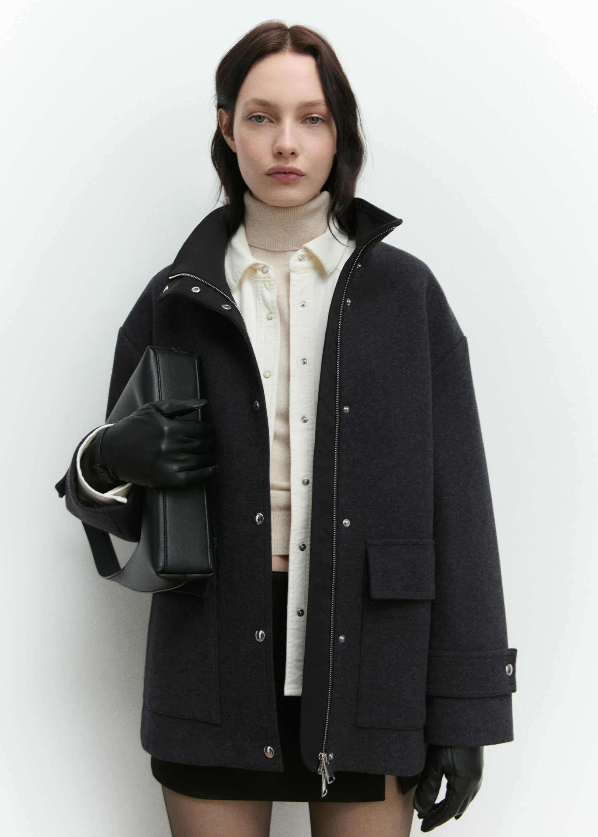 High neck midi wool coat - Details of the article 6, Medium Heather Grey. Ref: 87010643-00.