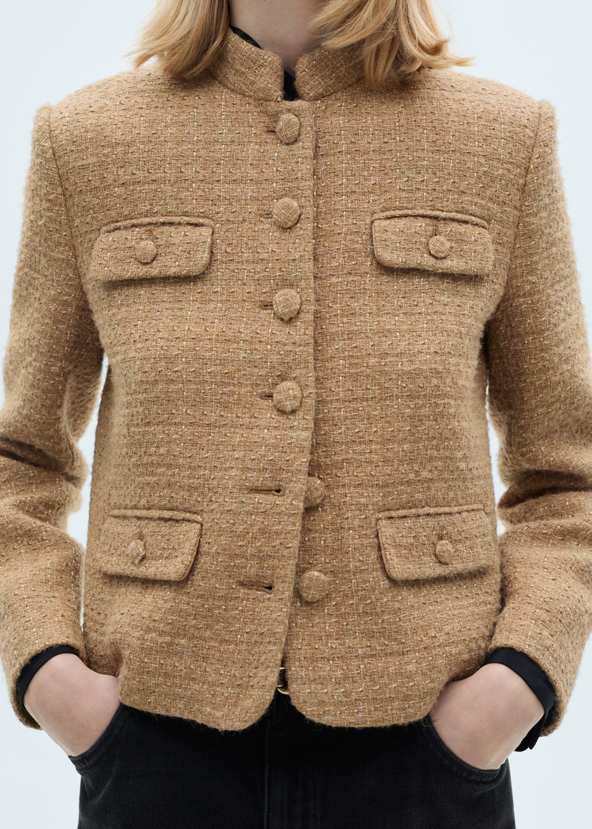 Tweed jacket with striped collar - Details of the article 6, Medium Brown. Ref: 87010654-00.