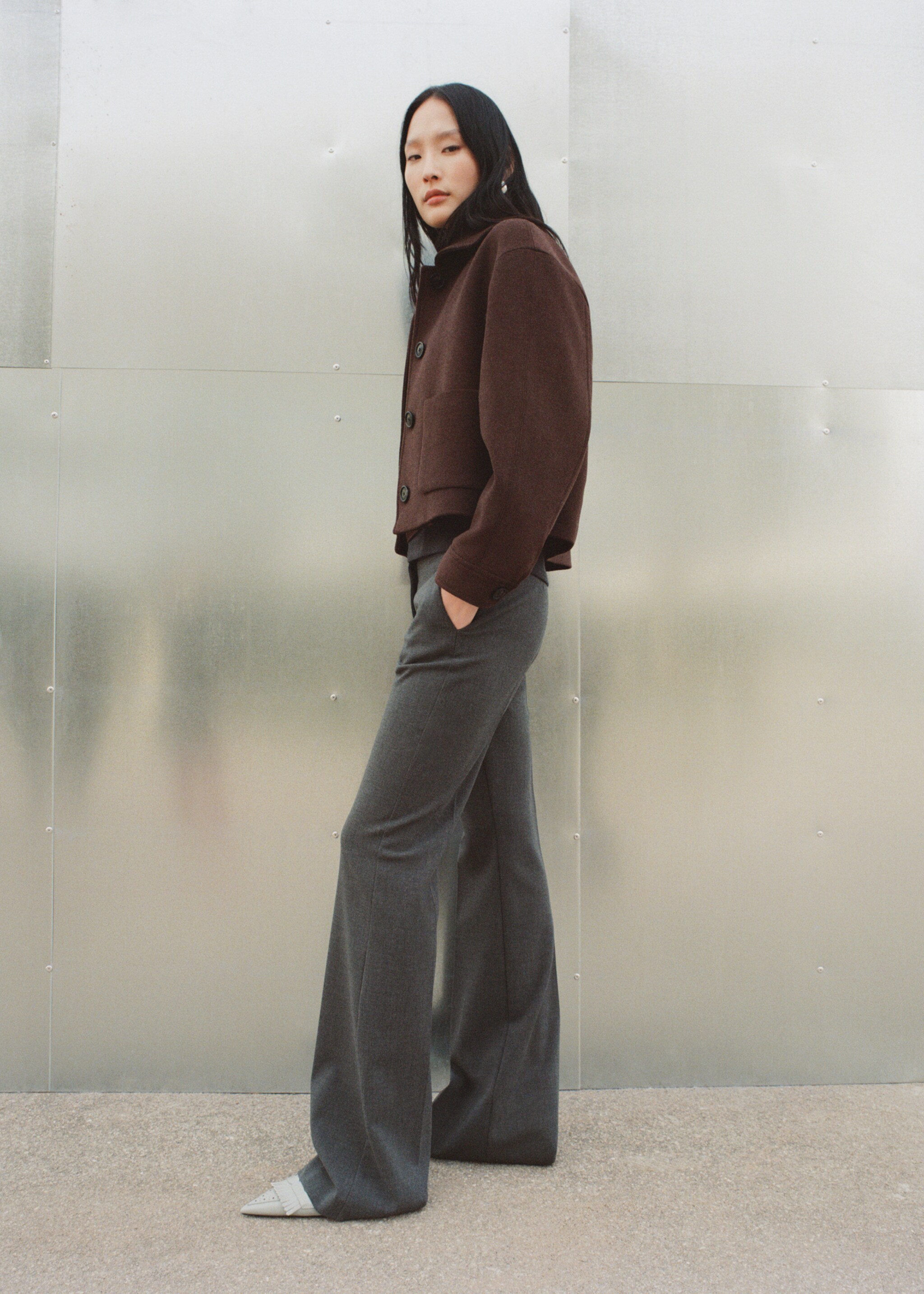 Wool jacket with pockets - Details of the article 6, Brown. Ref: 87010656-00.