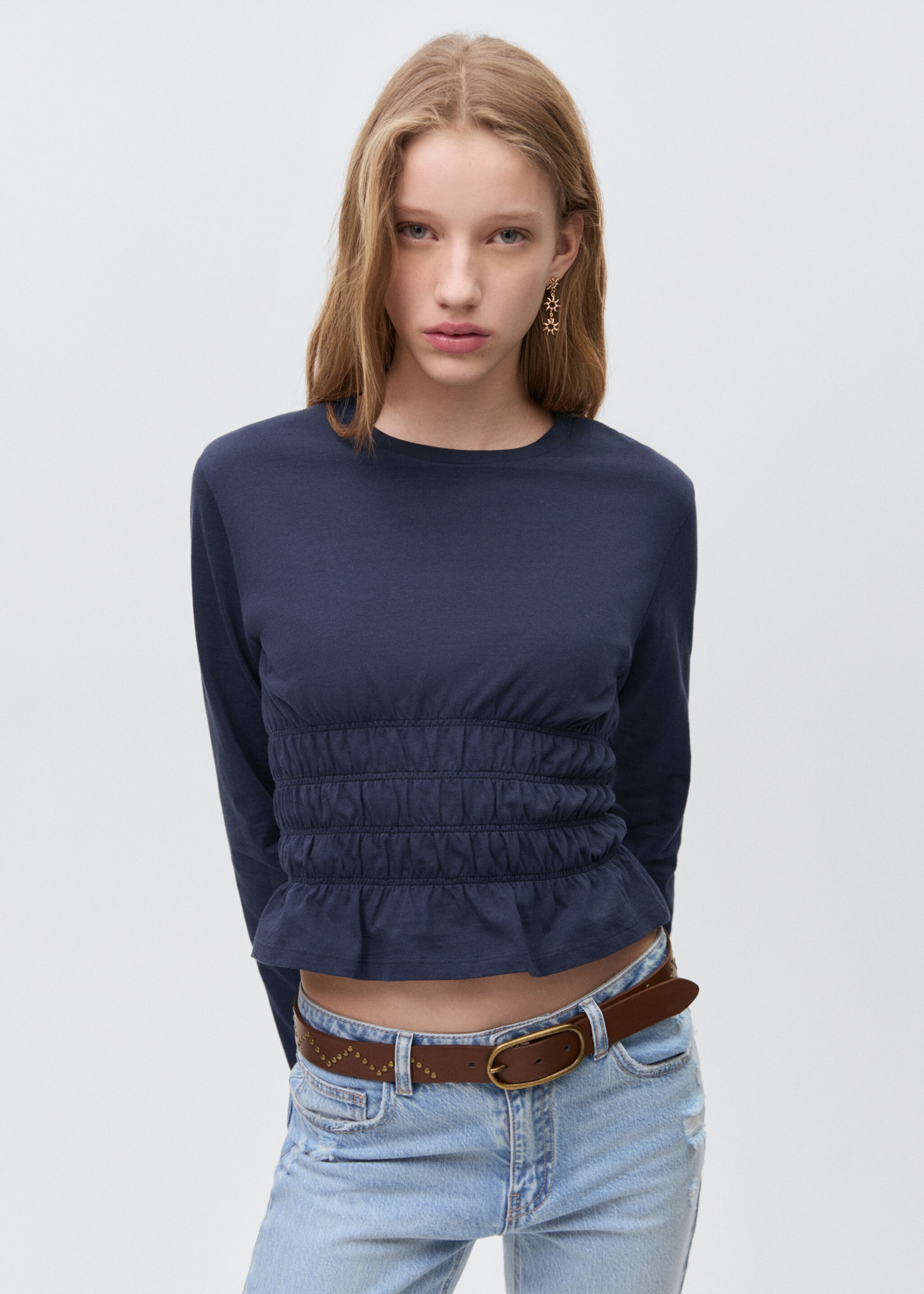 T-shirt with gathered waist - Medium plane, Dark Navy. Ref: 87012541-00.