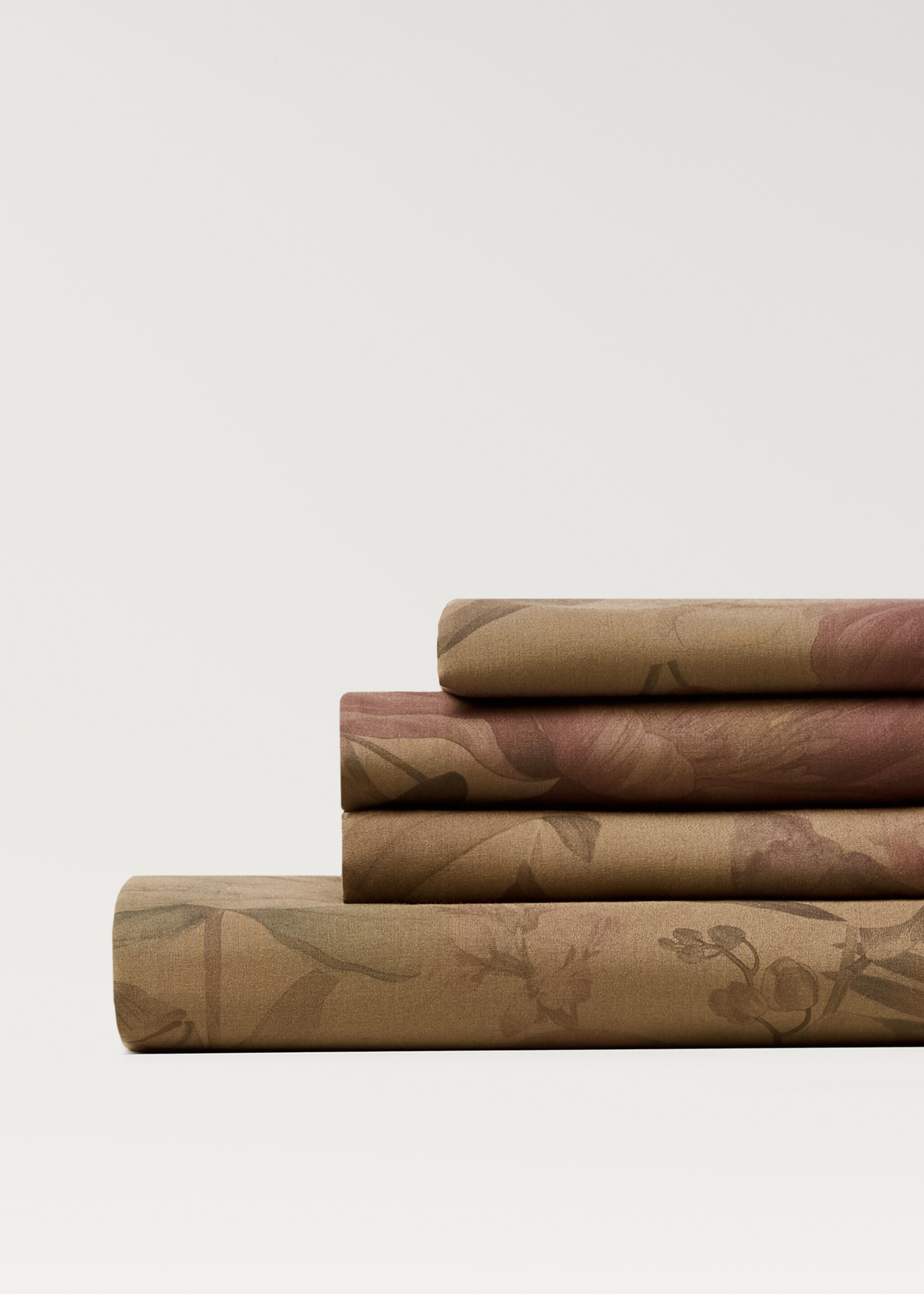 Cotton percale multi-coloured floral-print top sheet for 135/140cm bed - Details of the article 2, Khaki. Ref: 87012929-00.