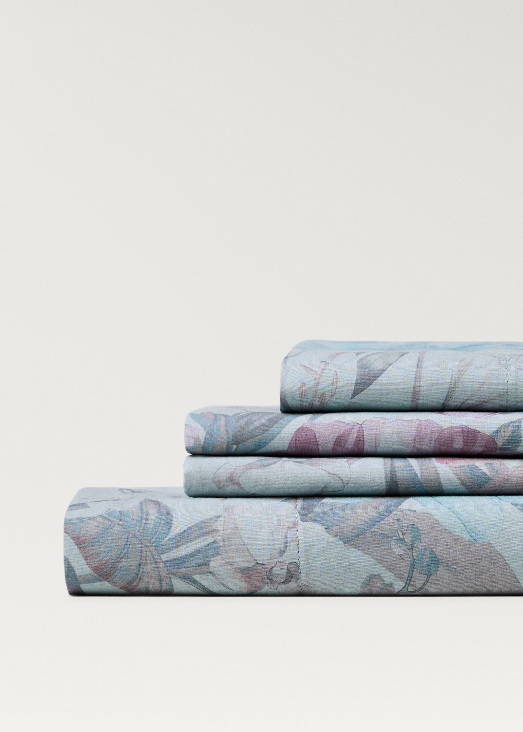 Cotton percale multi-coloured floral-print top sheet for 150/160cm bed - Details of the article 2, Aqua Green. Ref: 87012930-00.