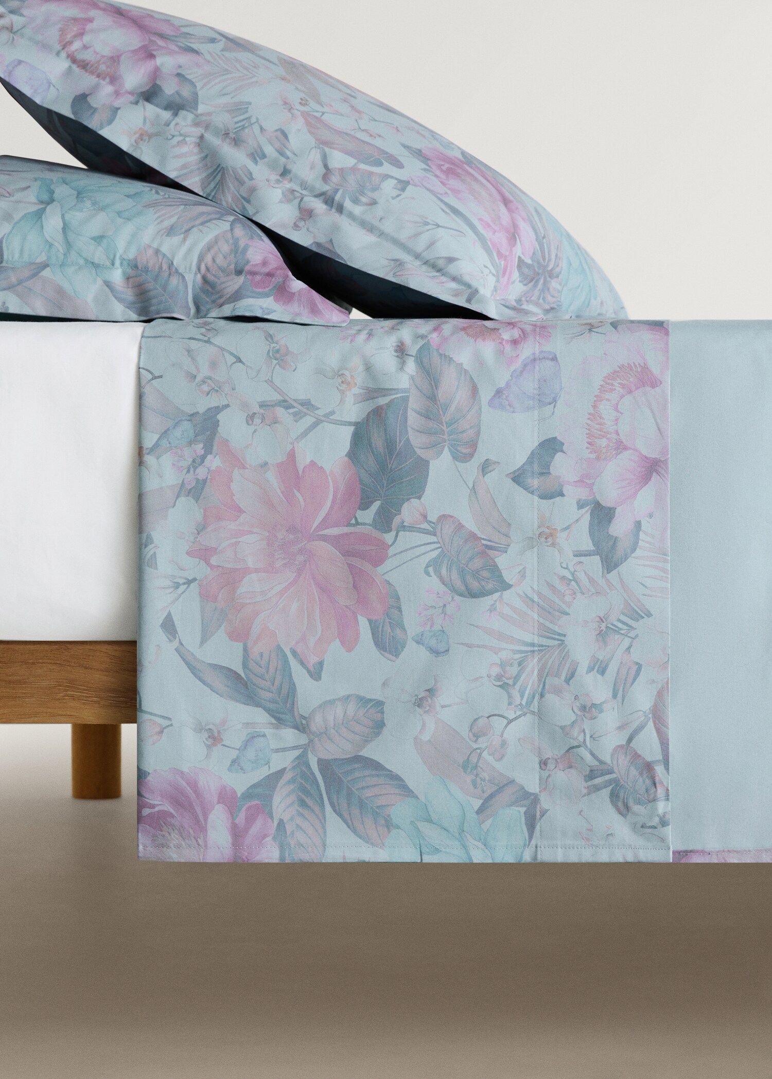 Cotton percale multi-coloured floral-print top sheet for 180/200cm bed - Article without model