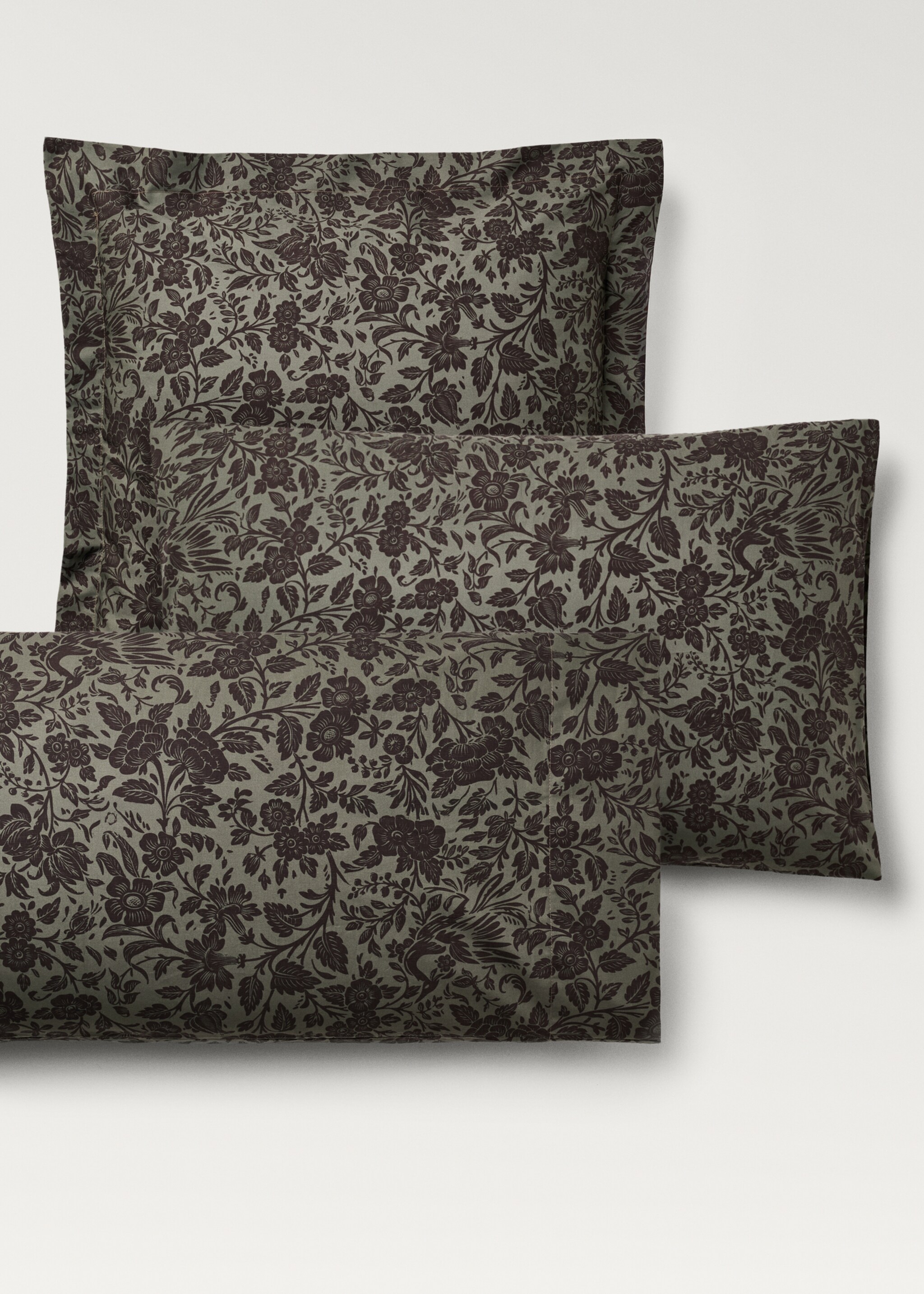 Cotton percale printed two-tone floral pillowcase, 45x110 cm - Details of the article 4, Khaki. Ref: 87012949-00.