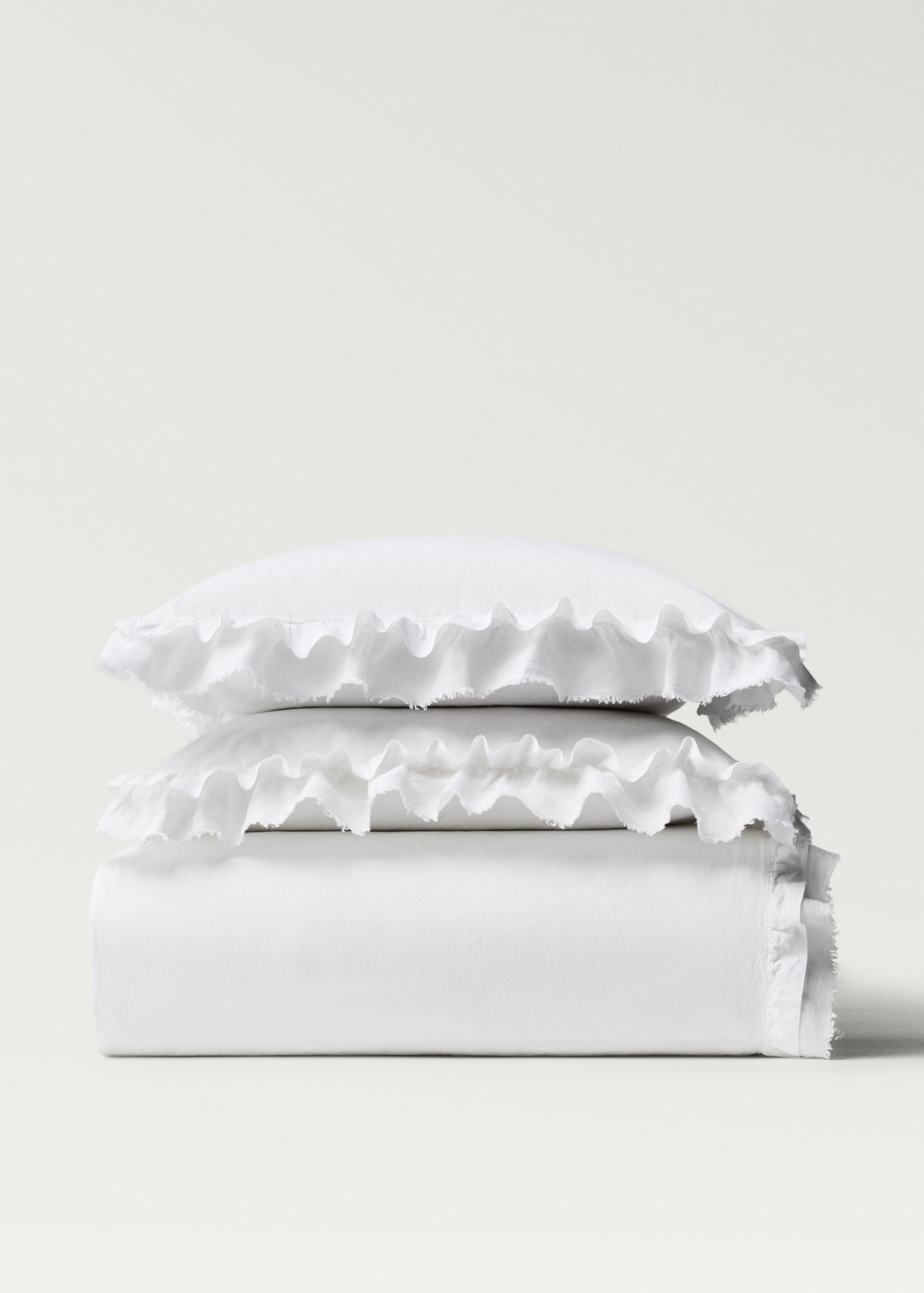 Washed cotton duvet cover with linen ruffle Single bed - Article without model, White. Ref: 87013009-00.