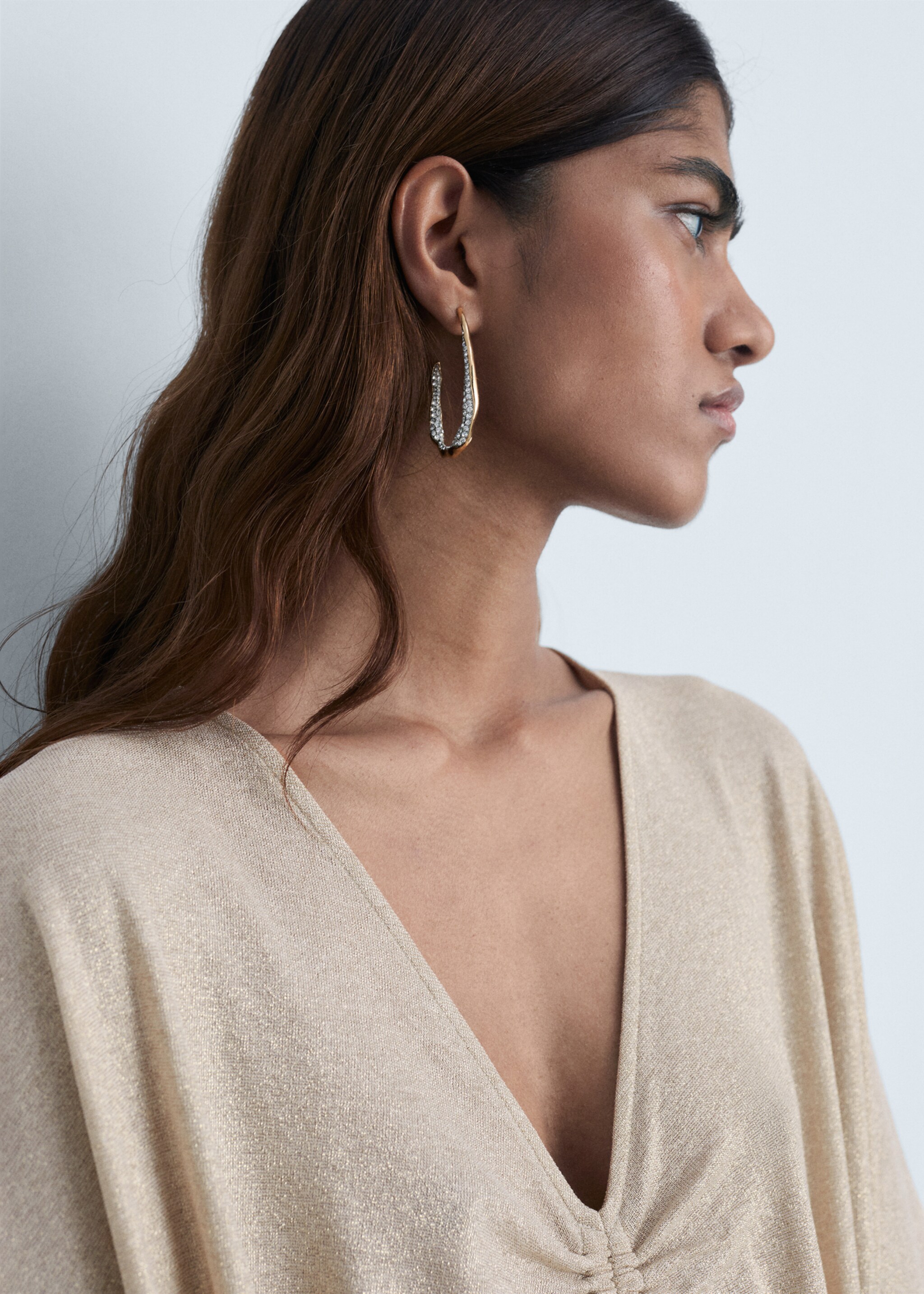 Lurex dress with gathered neckline - Details of the article 1, Gold. Ref: 87014066-00.