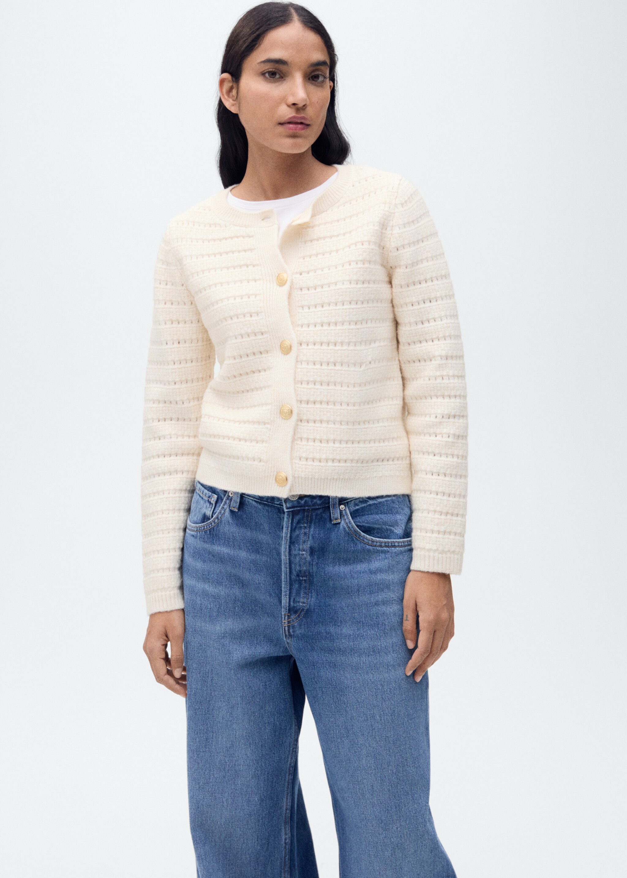 Knitted jacket with openwork details - Medium plane, Ecru. Ref: 87014095-00.