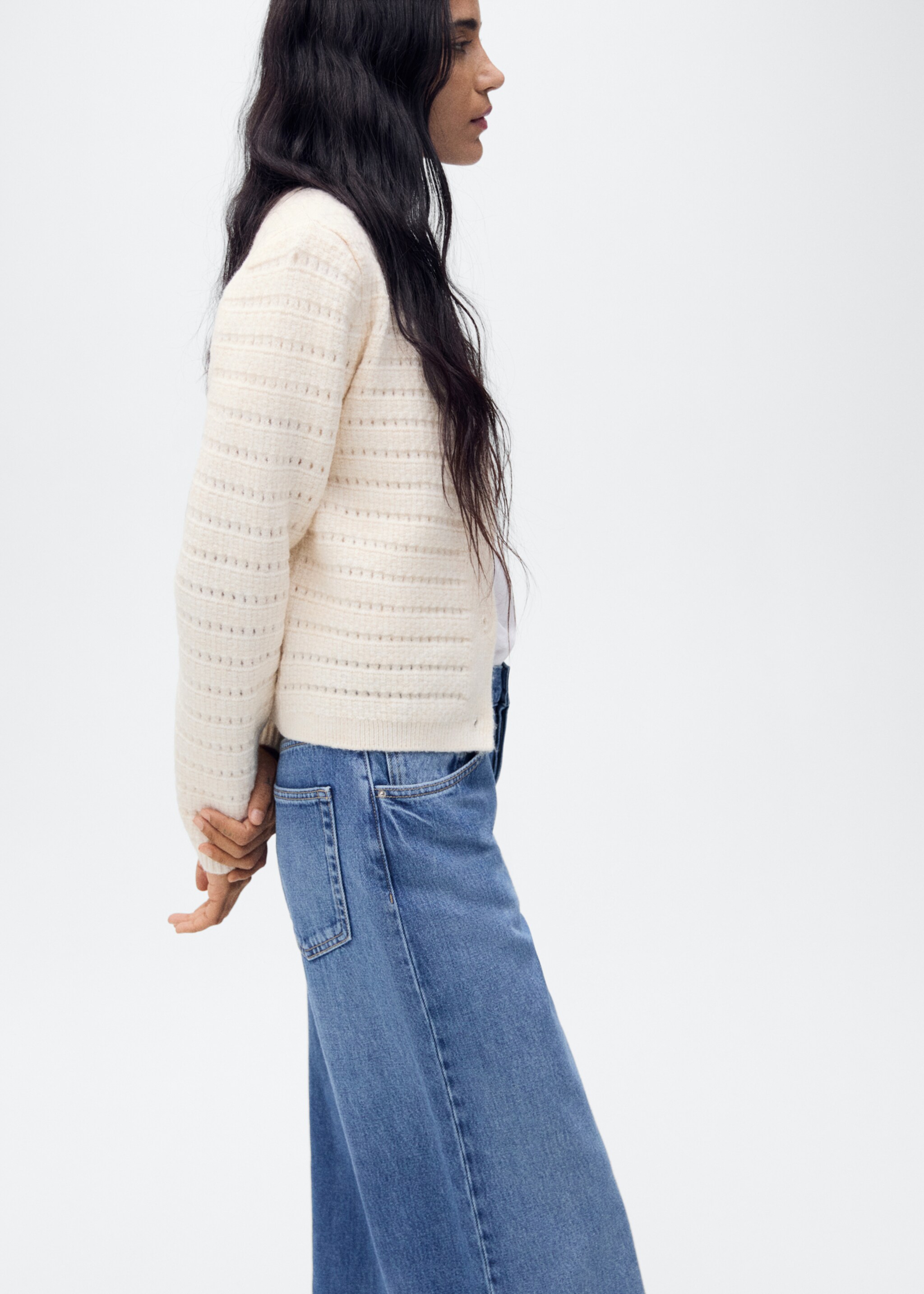 Knitted jacket with openwork details - Details of the article 2, Ecru. Ref: 87014095-00.