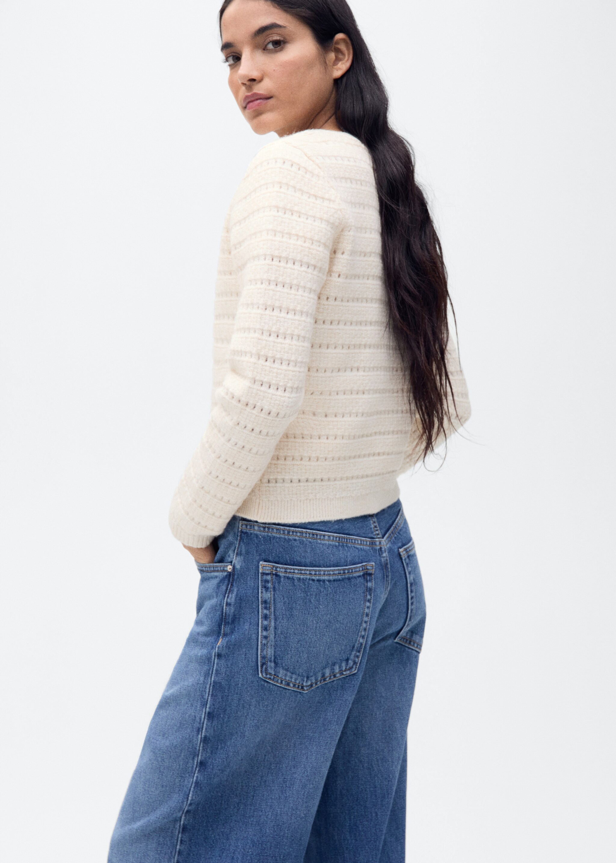 Knitted jacket with openwork details - Reverse of the article, Ecru. Ref: 87014095-00.