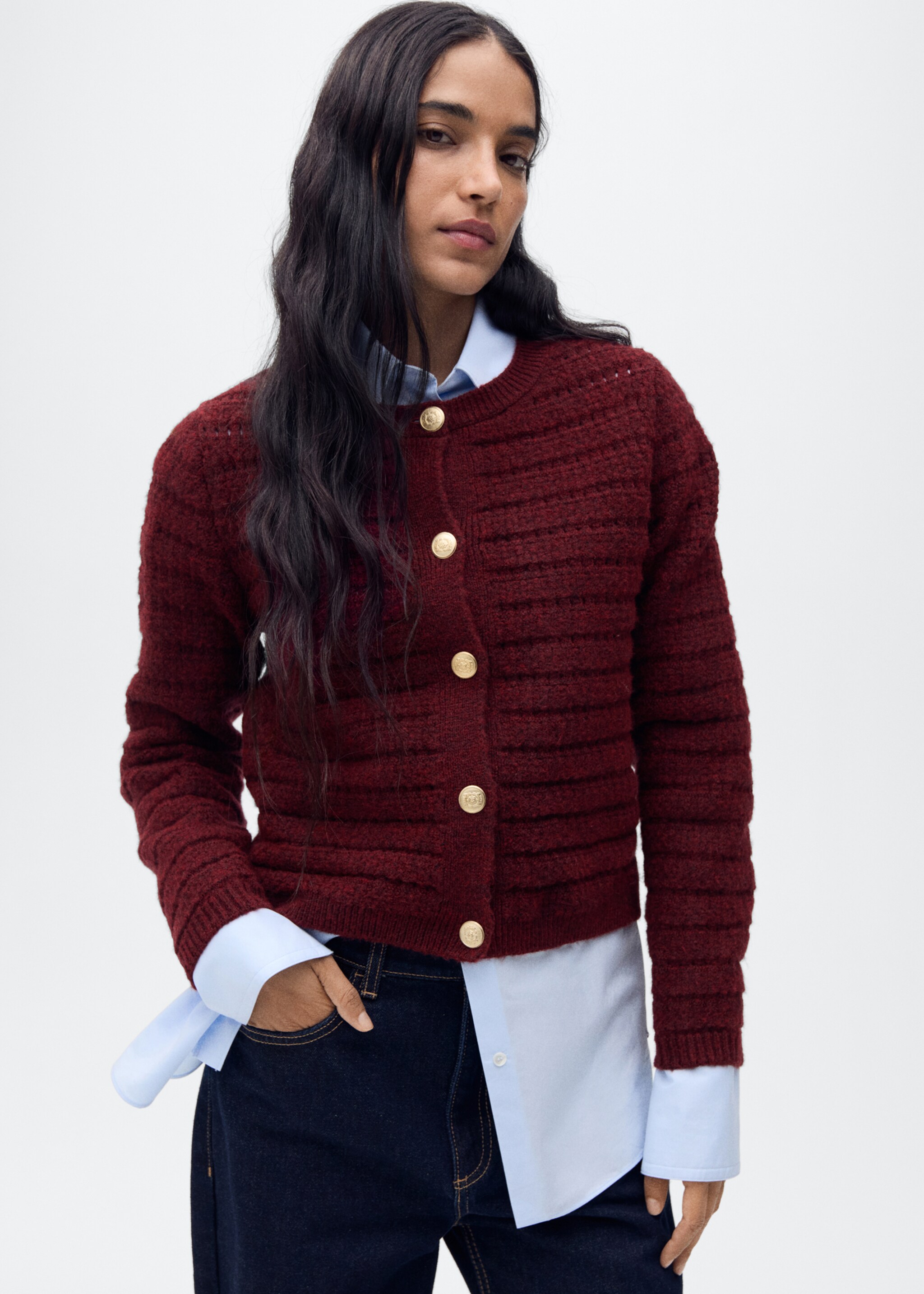 Knitted jacket with openwork details - Medium plane, Wine. Ref: 87014095-00.