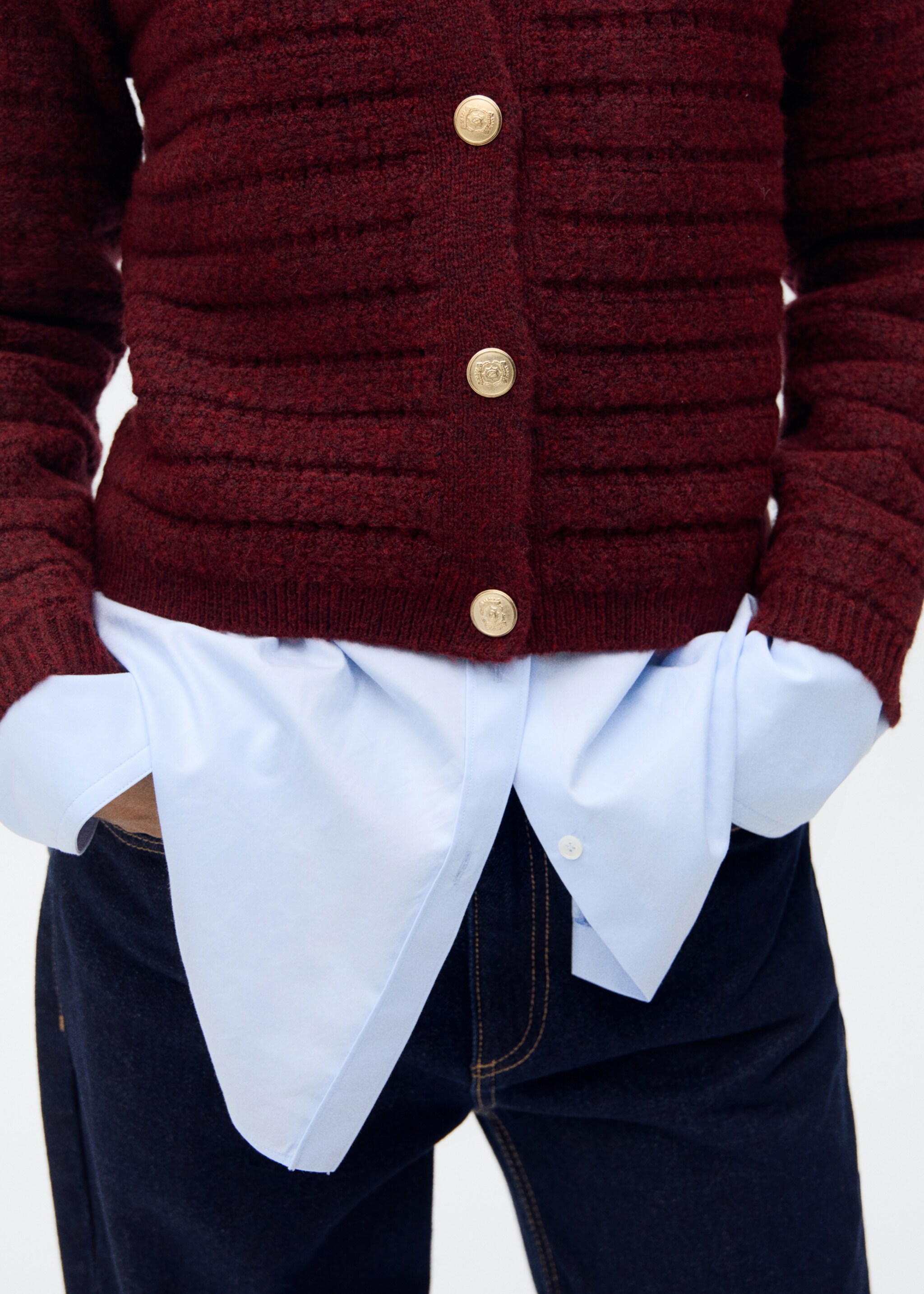 Knitted jacket with openwork details - Details of the article 6, Wine. Ref: 87014095-00.