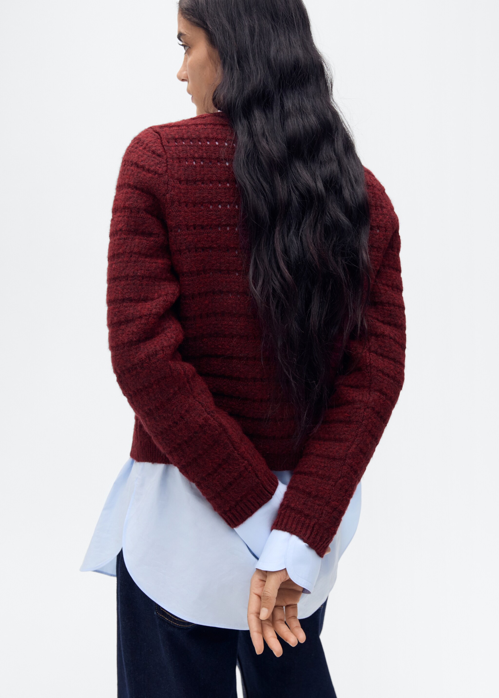 Knitted jacket with openwork details - Reverse of the article, Wine. Ref: 87014095-00.