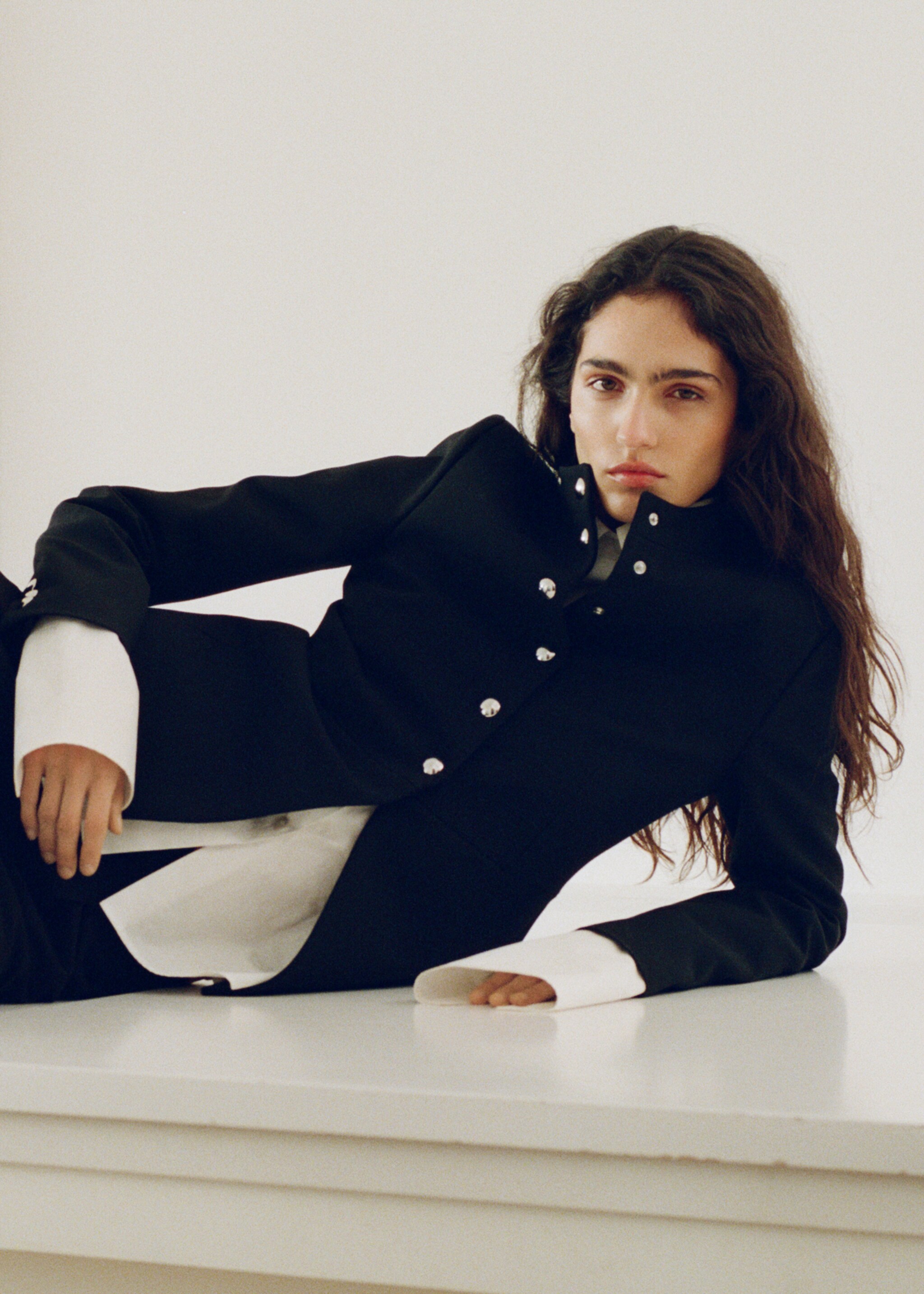 Jacket with jewel-button strip collar - Details of the article 6, Black. Ref: 87014096-00.