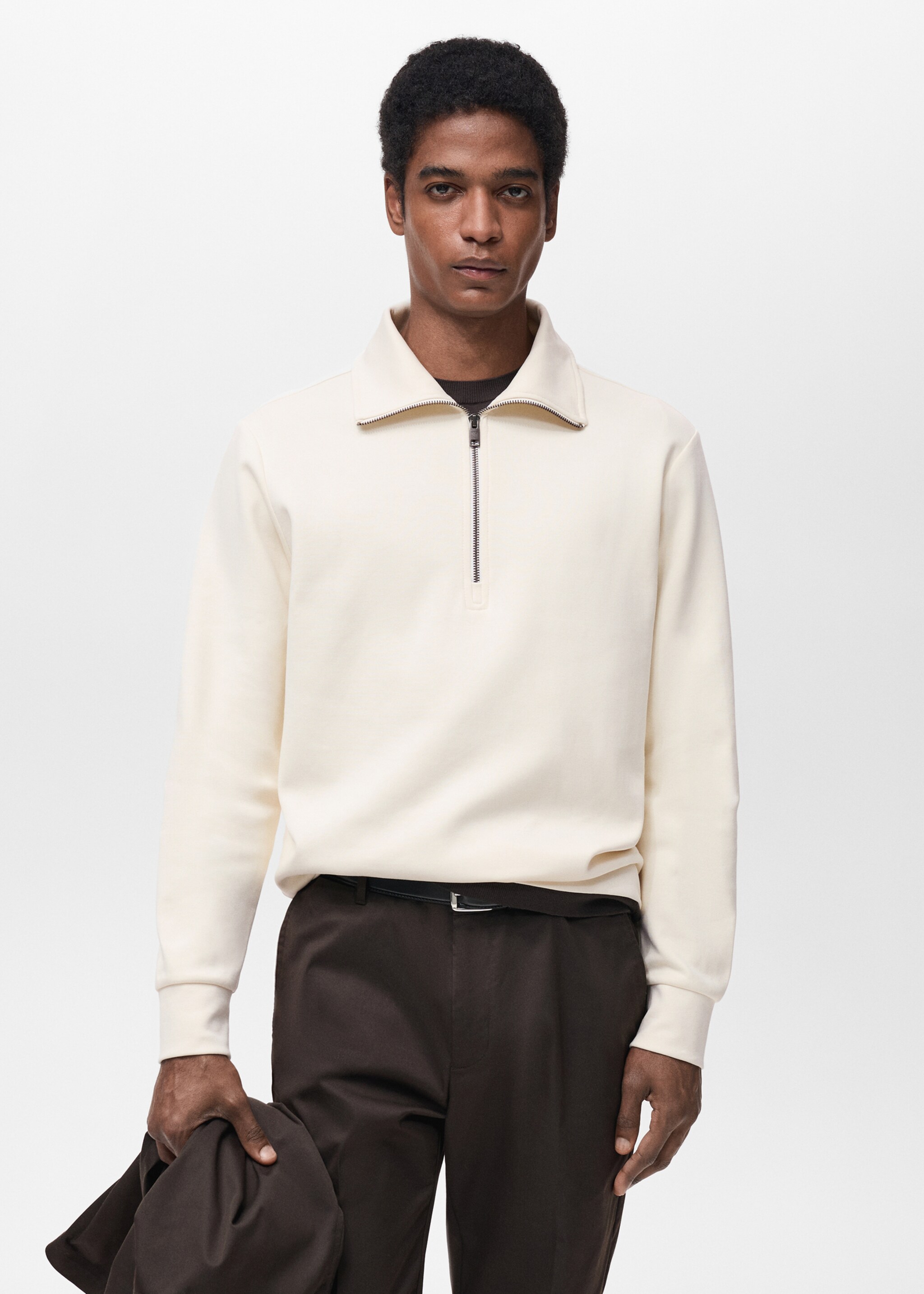 Regular-fit cotton sweatshirt with zip - Medium plane, Off White. Ref: 87014412-00.