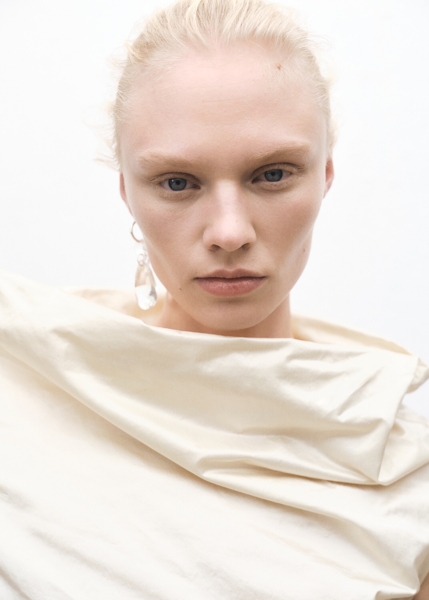 Vestido algodón cuello drapeado - Plano medio