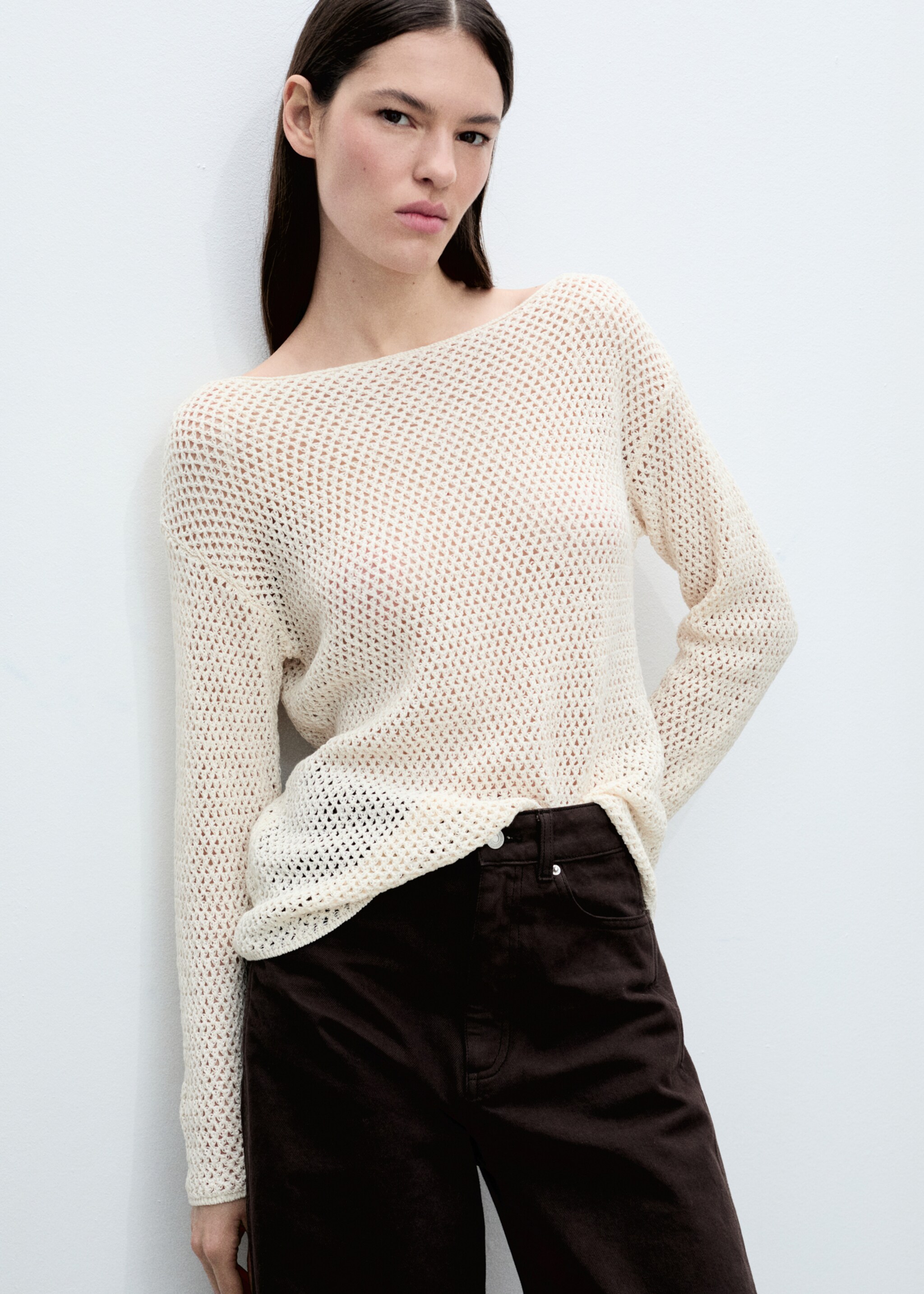Openwork knitted boat-neck sweater - Medium plane, Ecru. Ref: 87015754-00.