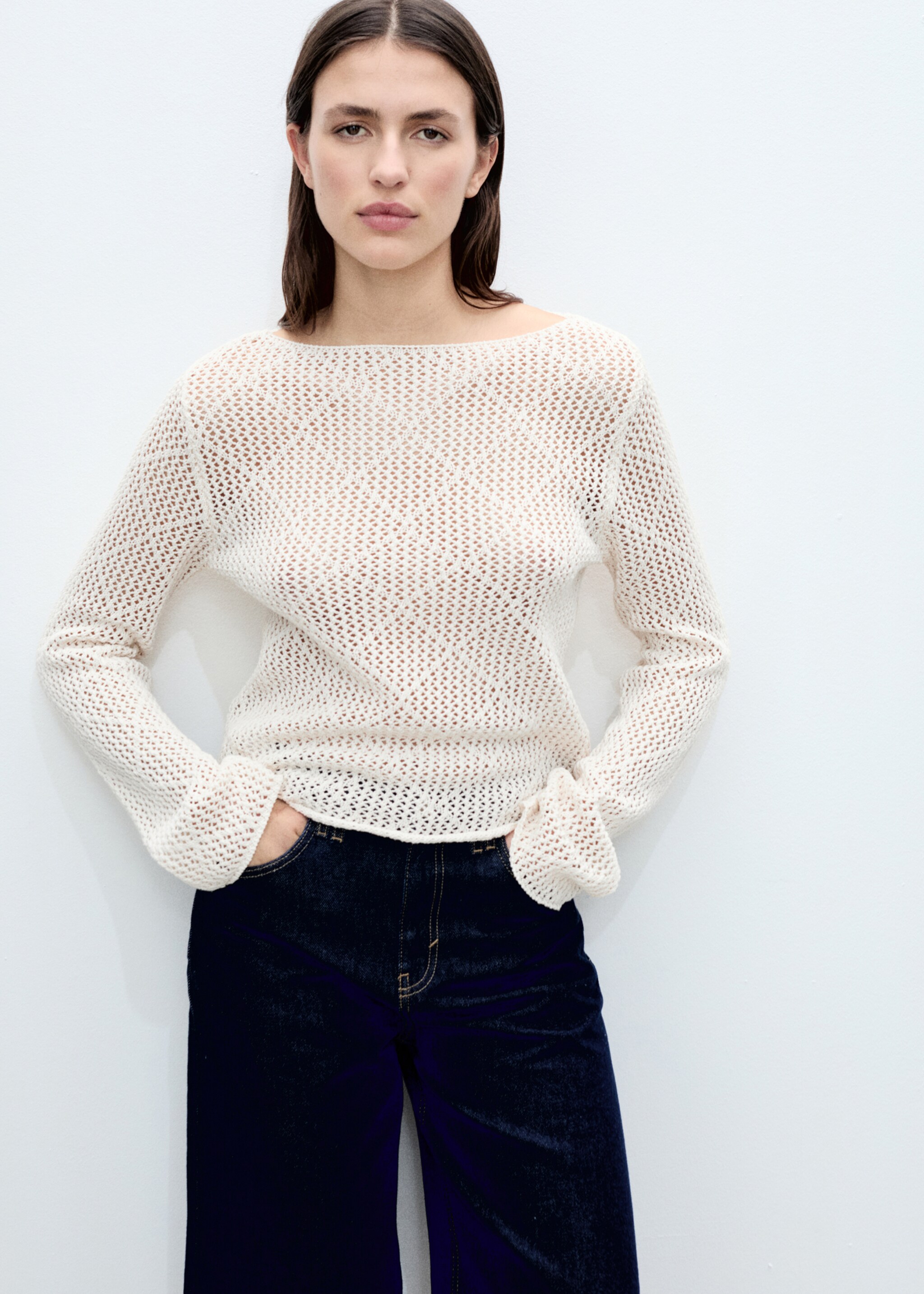 Openwork knitted cotton sweater - Medium plane, Ecru. Ref: 87015755-00.