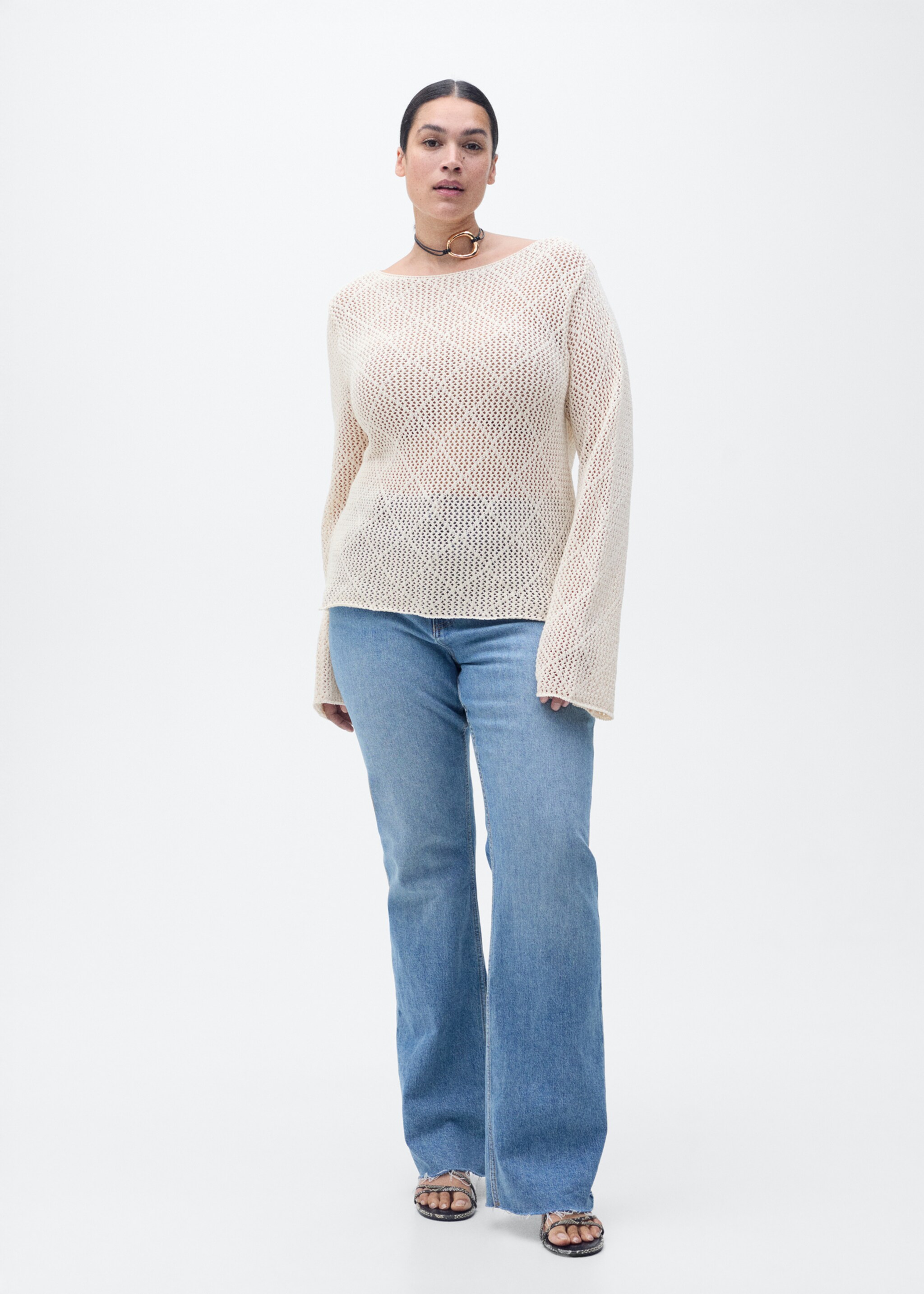 Openwork knitted cotton sweater - Details of the article 3, Ecru. Ref: 87015755-00.