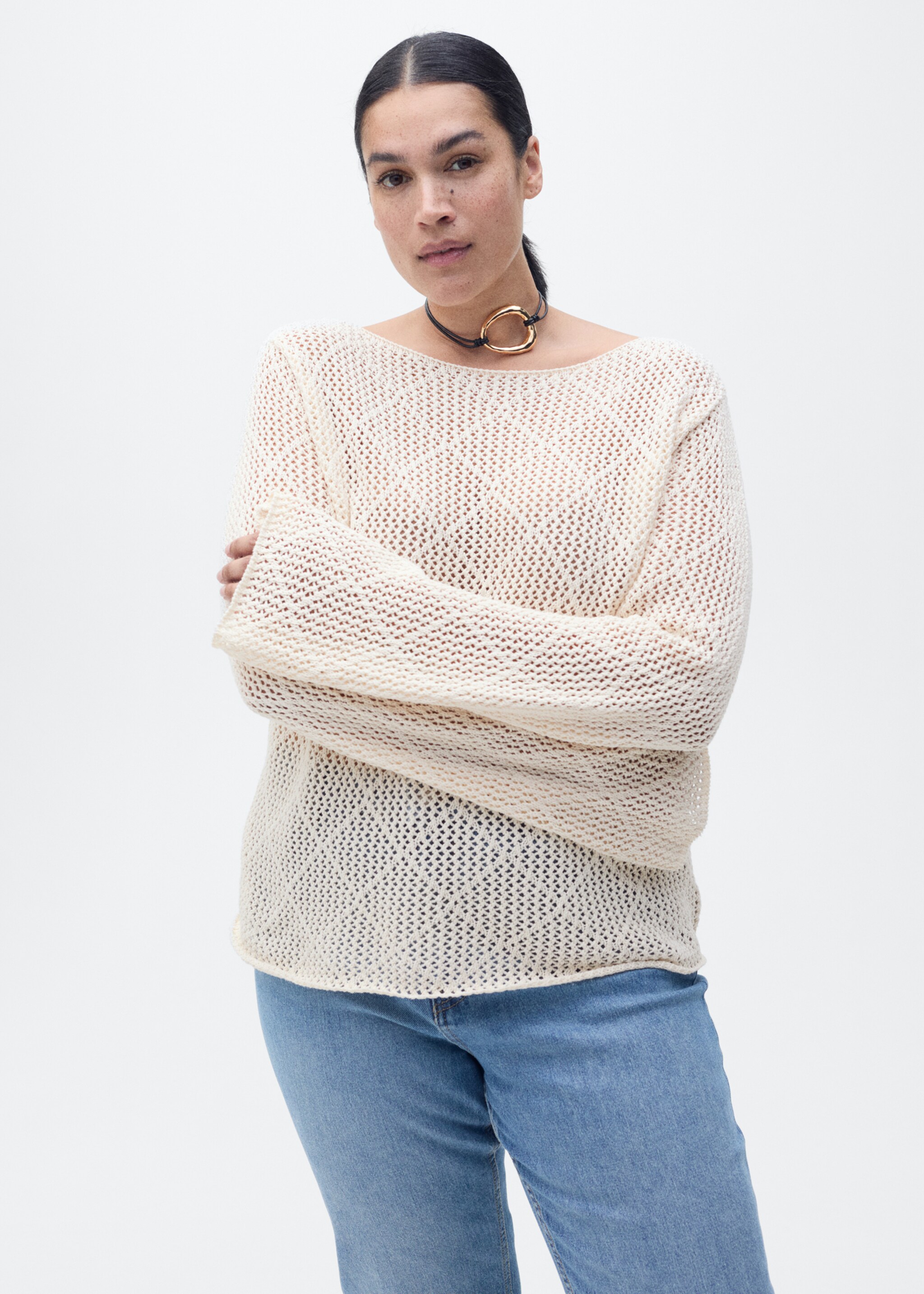 Openwork knitted cotton sweater - Details of the article 5, Ecru. Ref: 87015755-00.