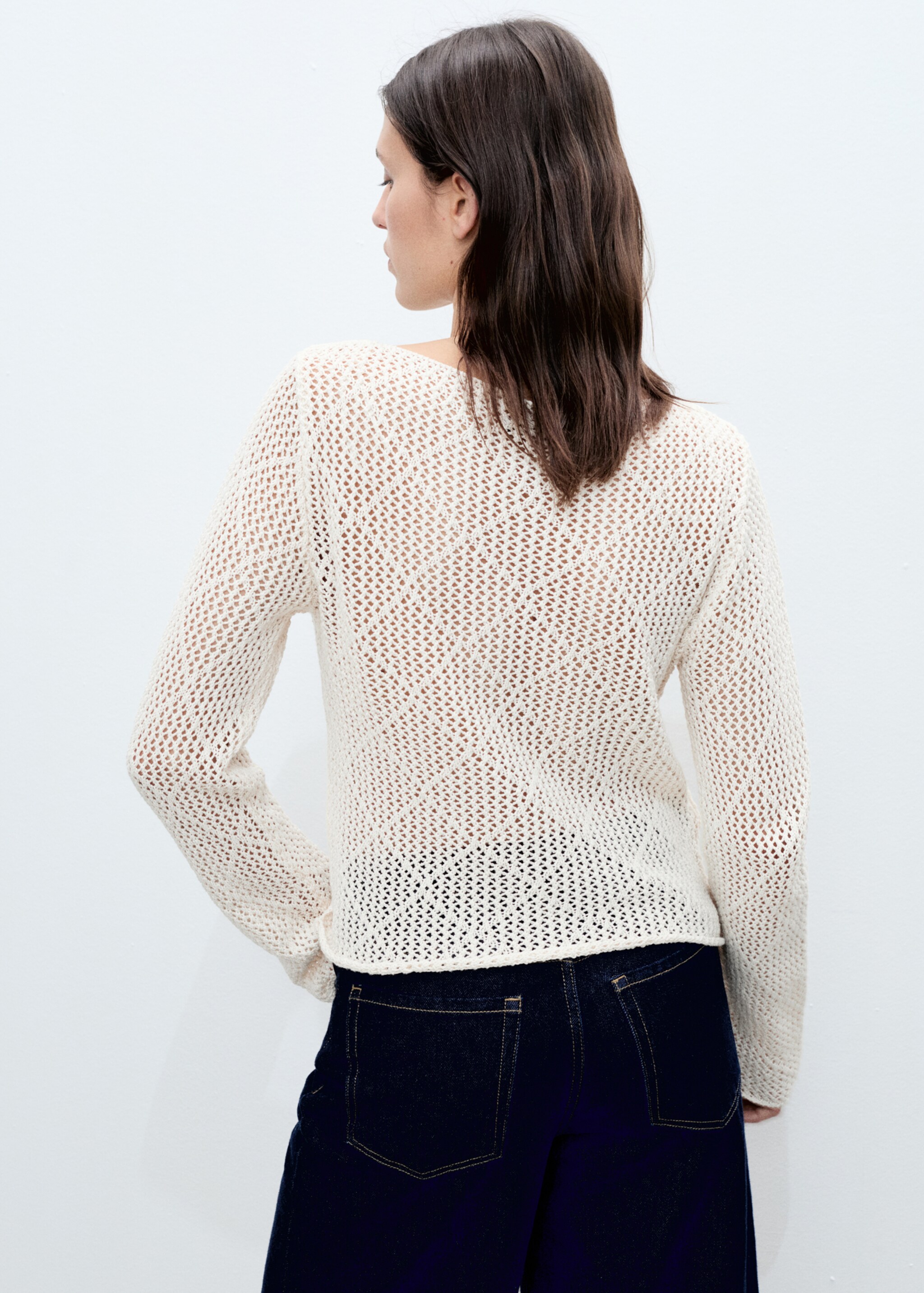 Openwork knitted cotton sweater - Reverse of the article, Ecru. Ref: 87015755-00.