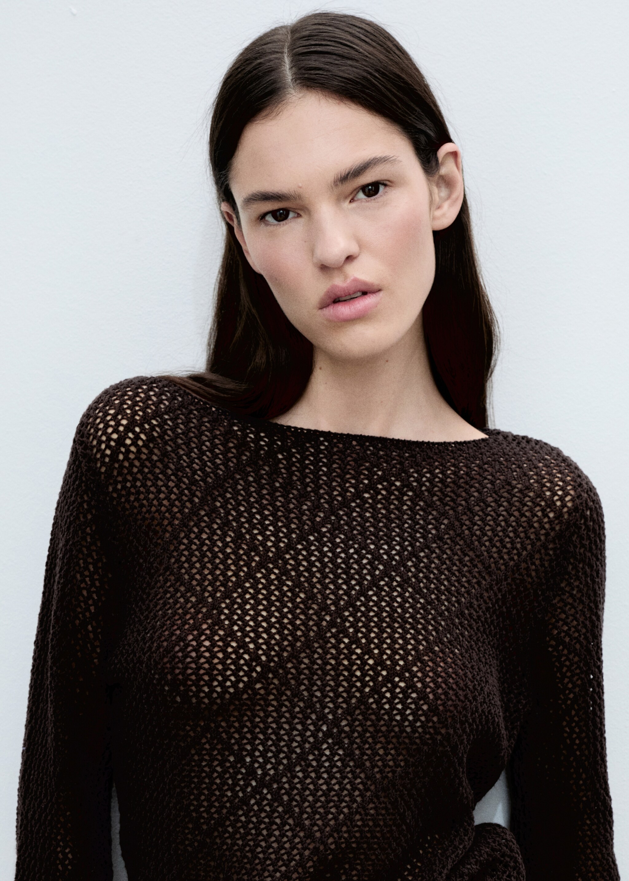 Openwork knitted cotton sweater - Details of the article 1, Chocolate. Ref: 87015755-00.