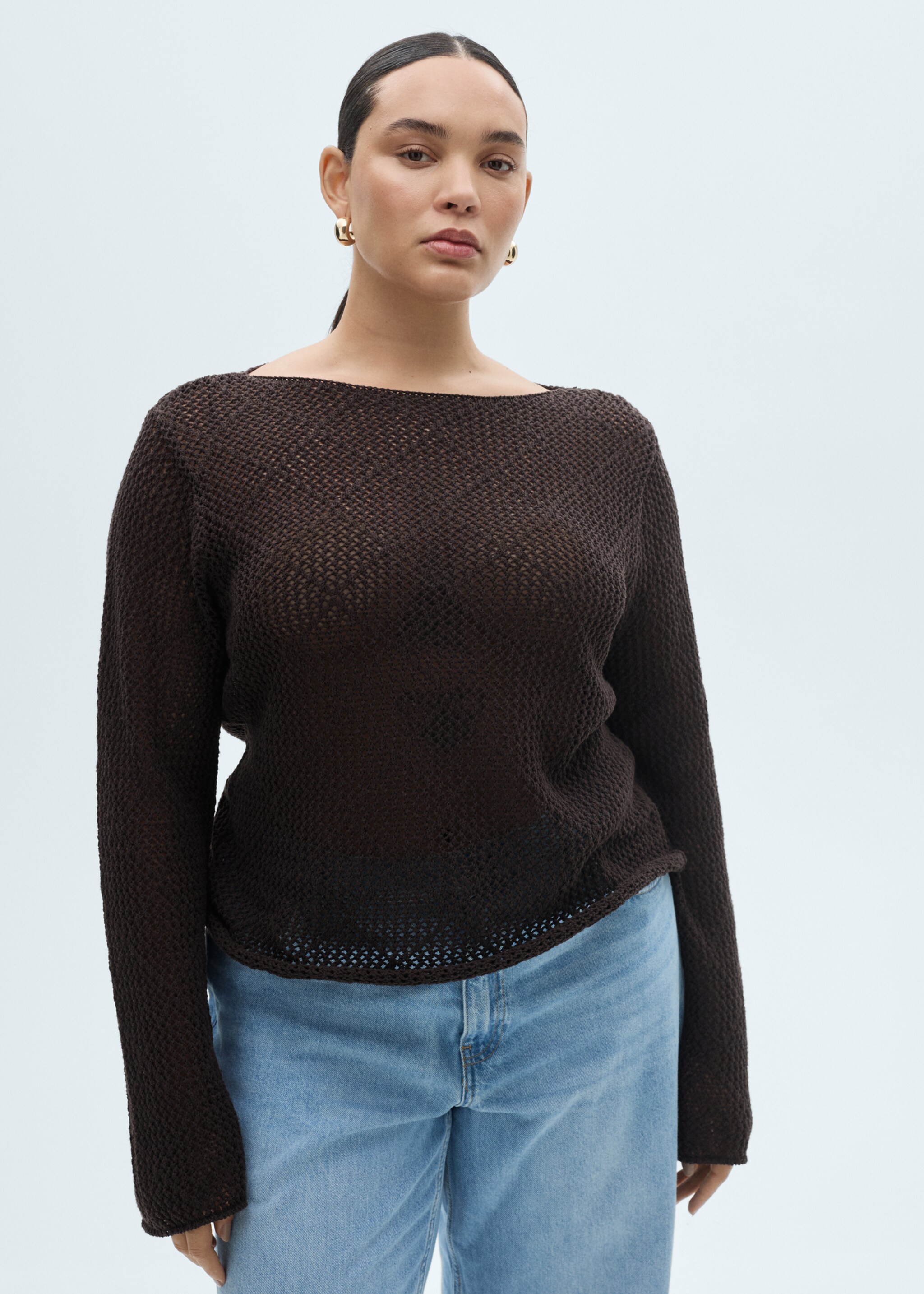 Openwork knitted cotton sweater - Details of the article 5, Chocolate. Ref: 87015755-00.