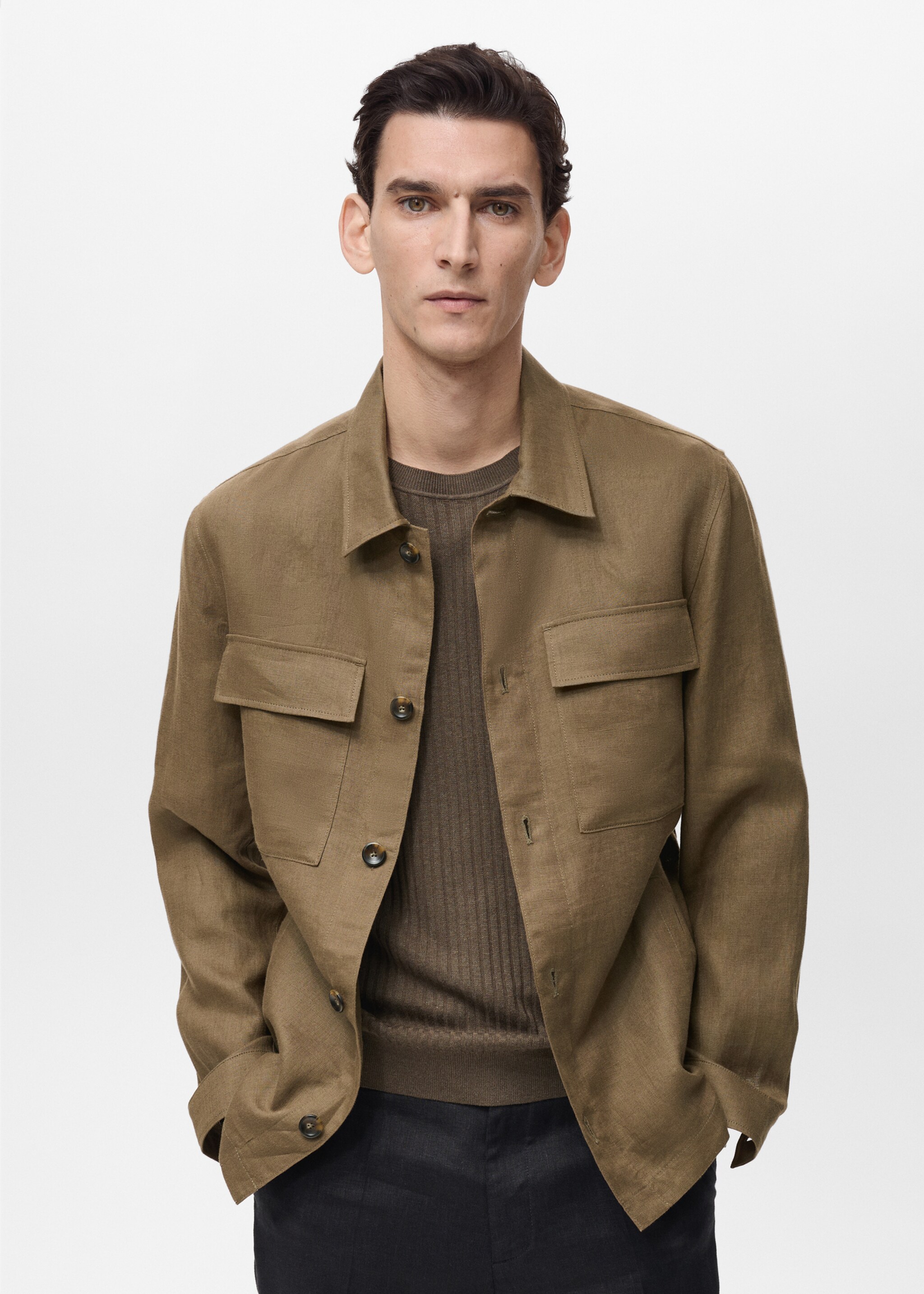 100% linen overshirt with pockets - Medium plane, Khaki. Ref: 87015922-00.