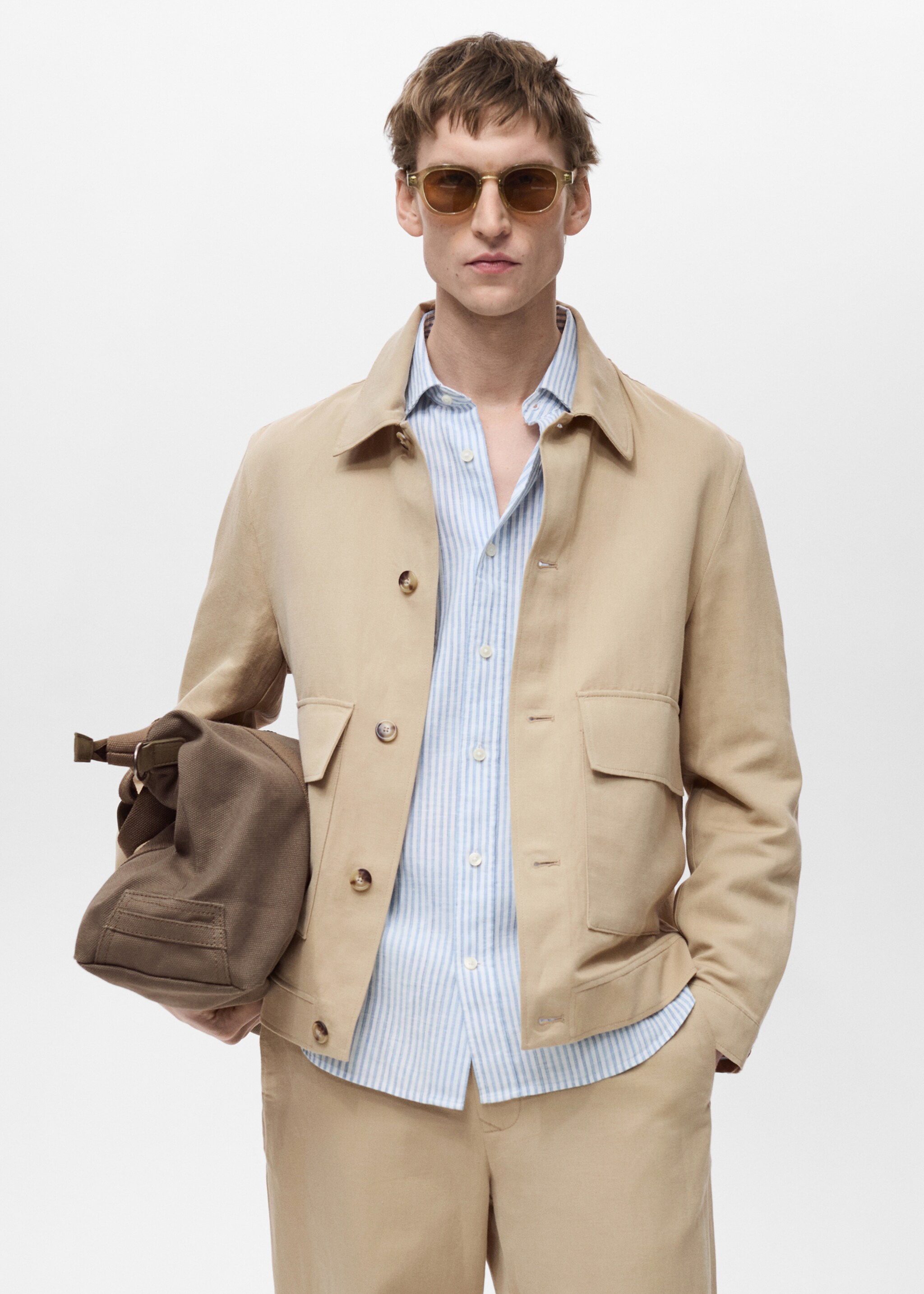 Linen-blend jacket with pockets - Medium plane, Beige. Ref: 87015923-00.