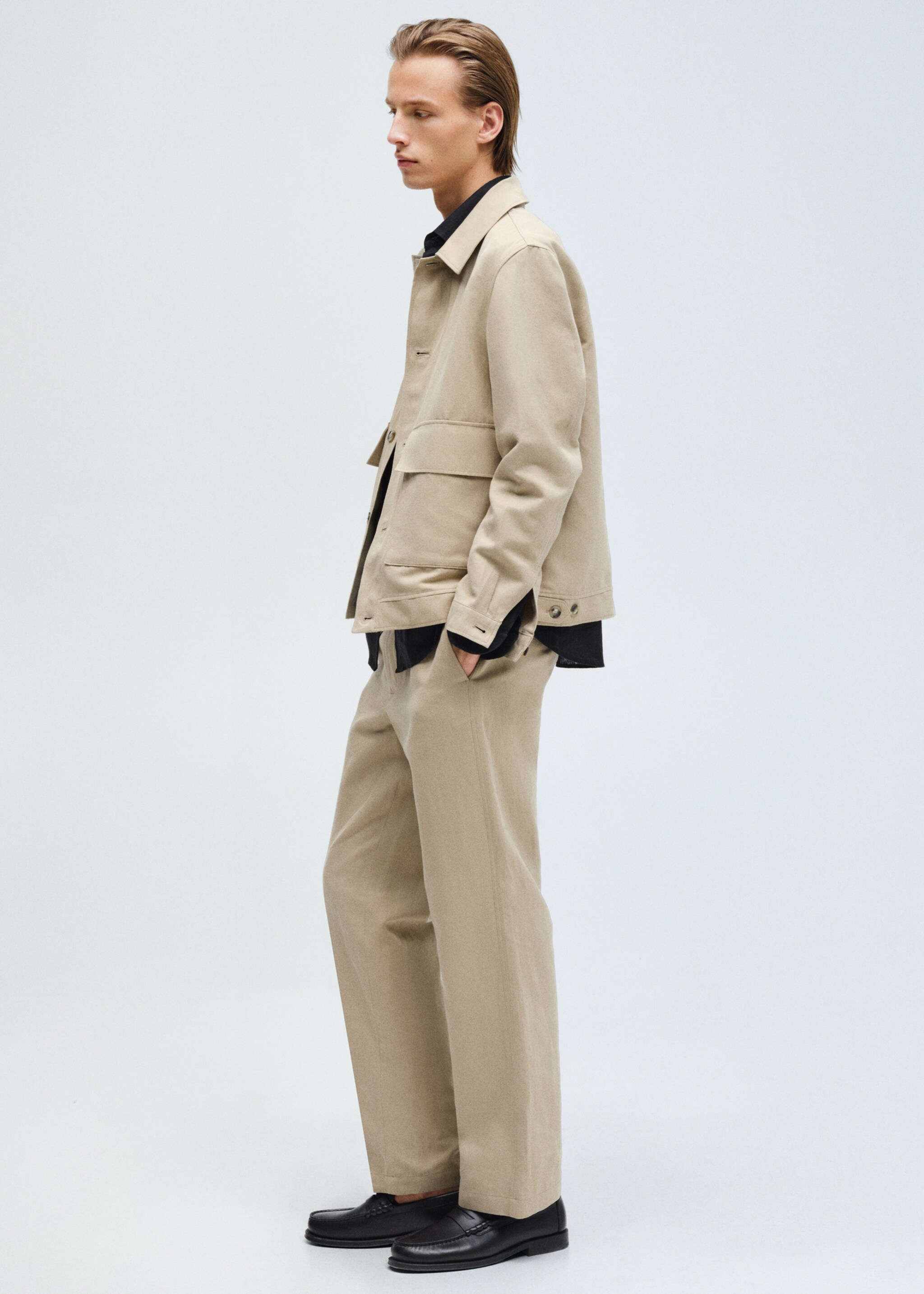 Linen-blend jacket with pockets - Details of the article 9, Beige. Ref: 87015923-00.