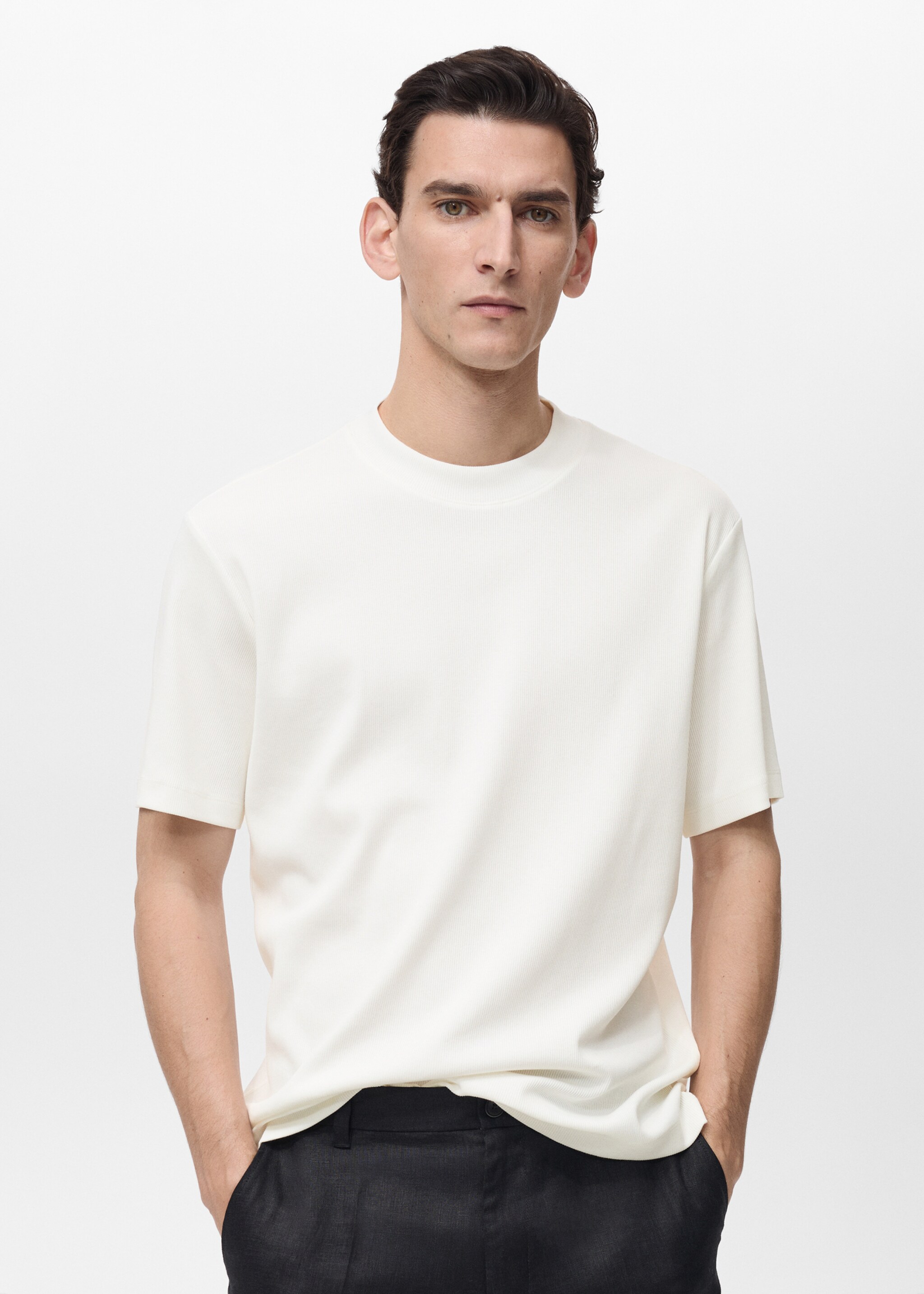 Regular fit ribbed cotton t-shirt - Medium plane, Ivory White. Ref: 87015940-00.