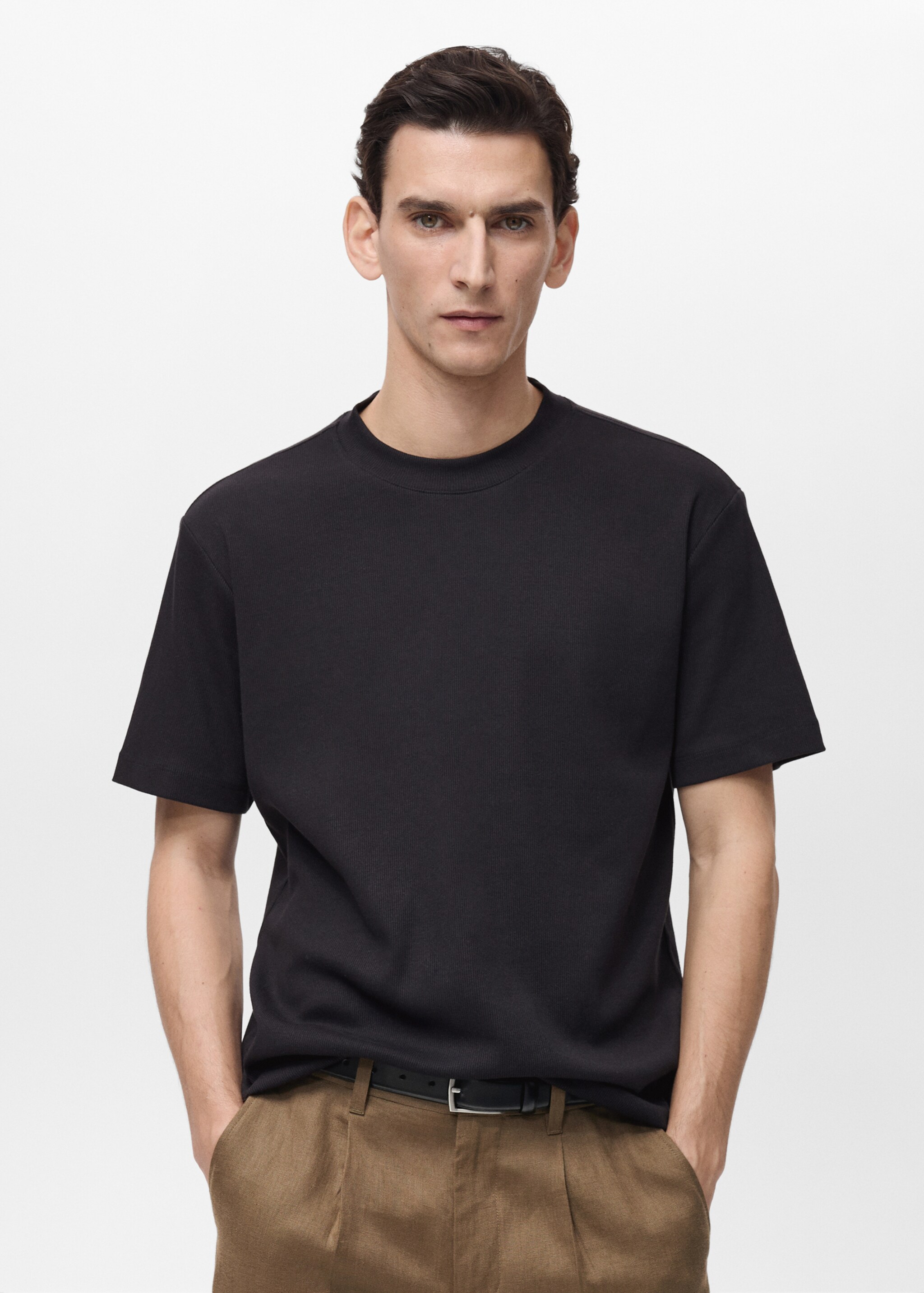 Regular fit ribbed cotton t-shirt - Medium plane, Black. Ref: 87015940-00.