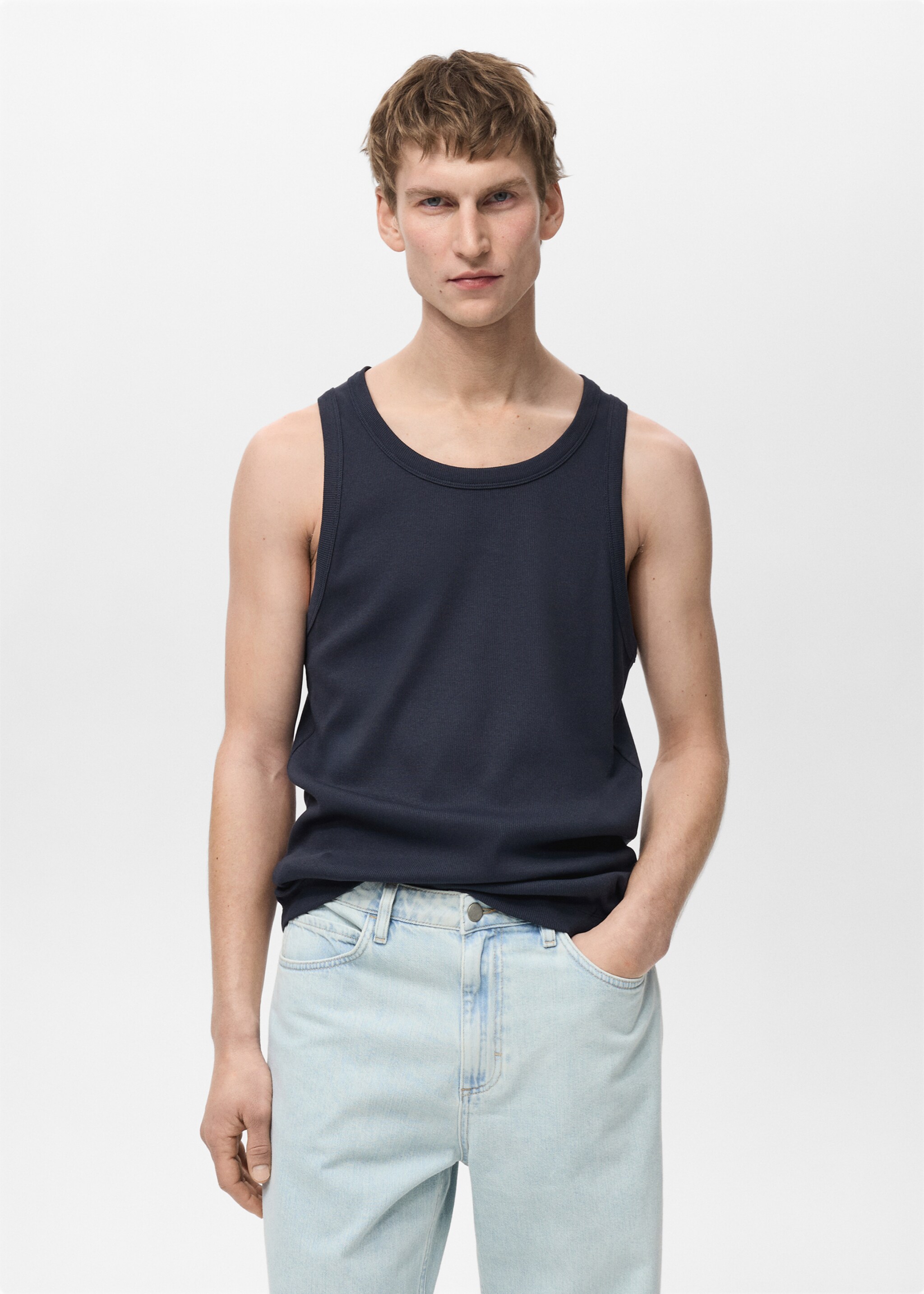 Slim-fit ribbed tank top - Medium plane, Dark Navy. Ref: 87015941-00.