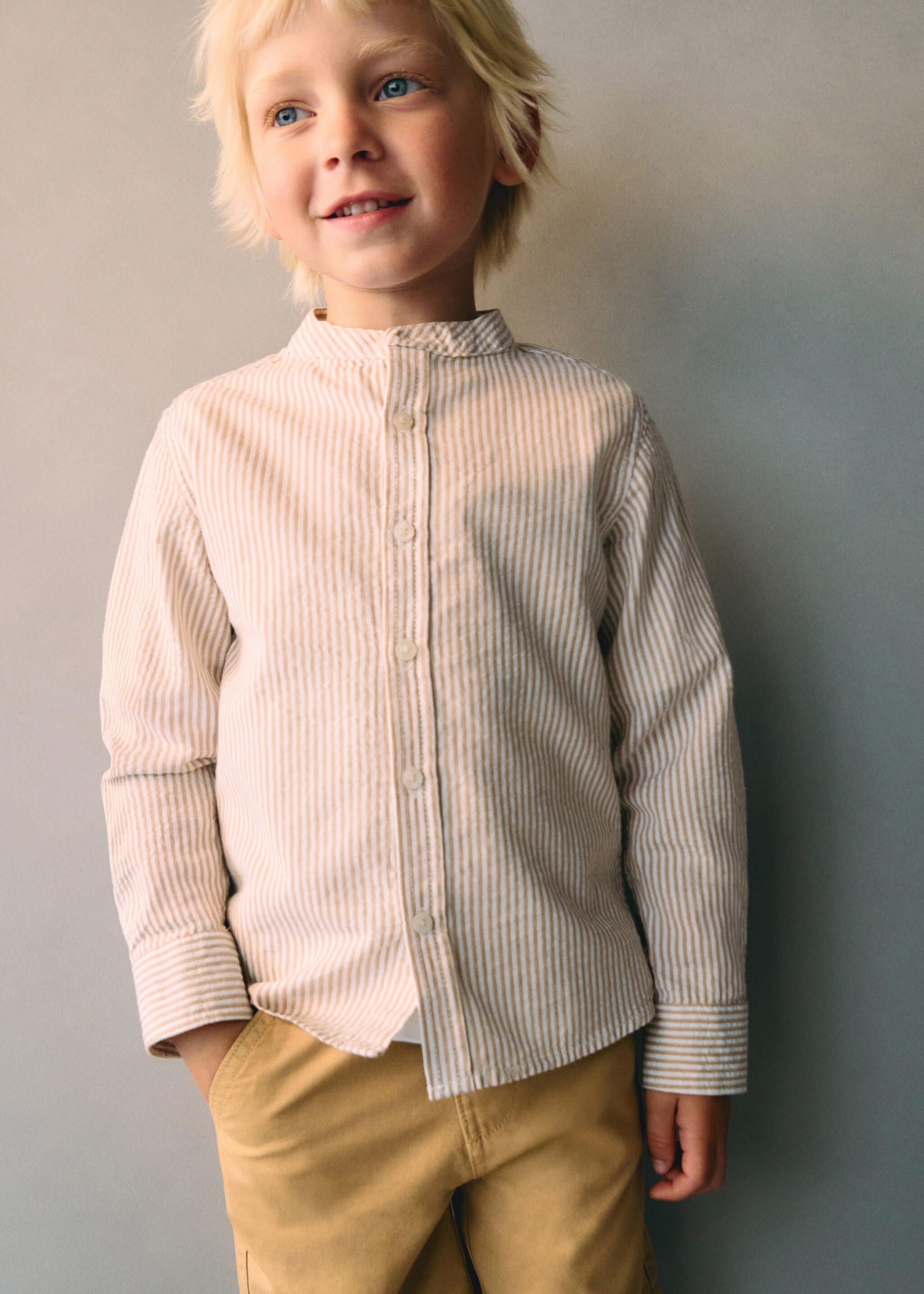 Striped Mao collar shirt - Details of the article 5, Beige. Ref: 87015946-00.