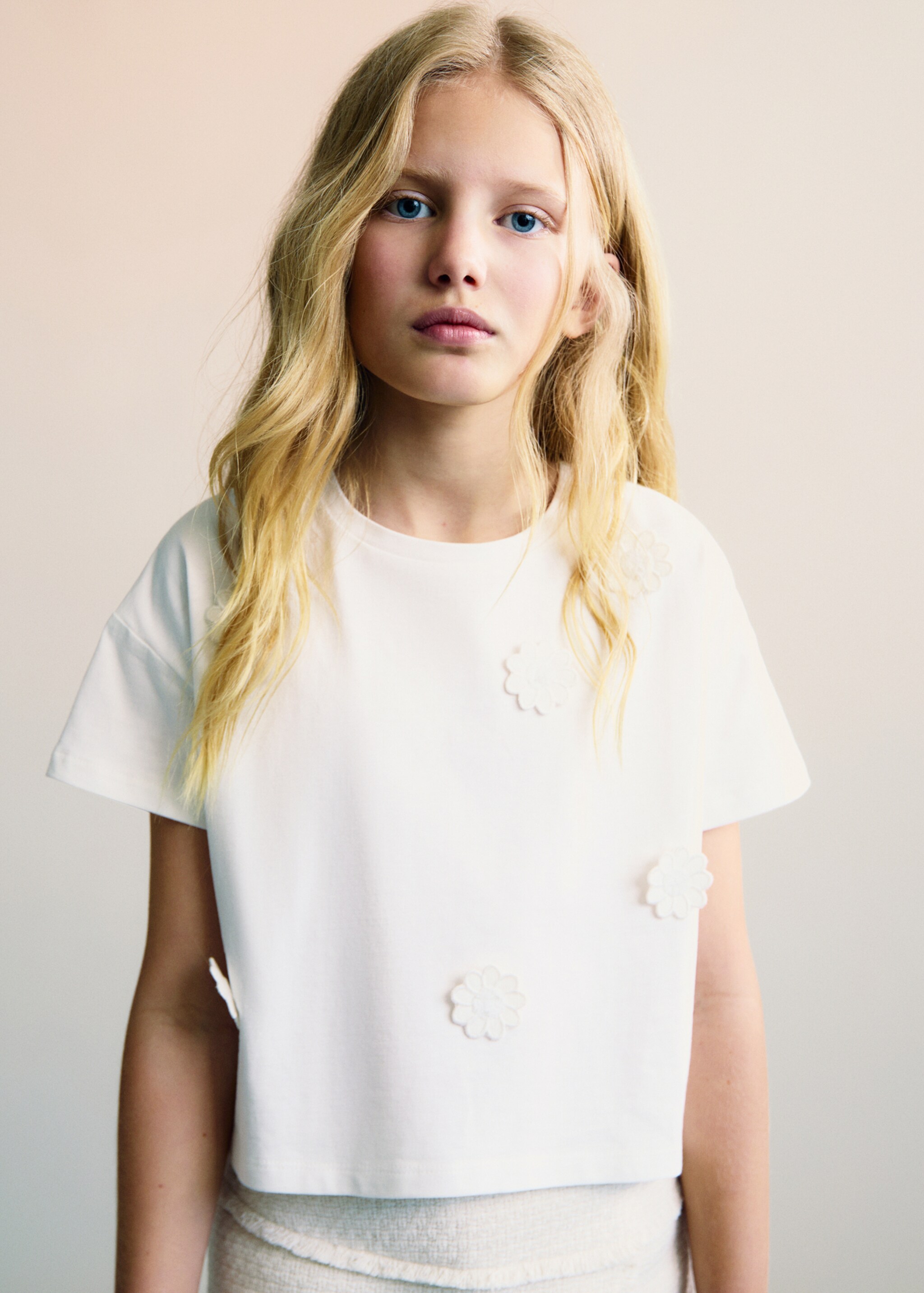 Camiseta flores algodón - Plano medio, Blanco roto. Ref: 87015983-00.